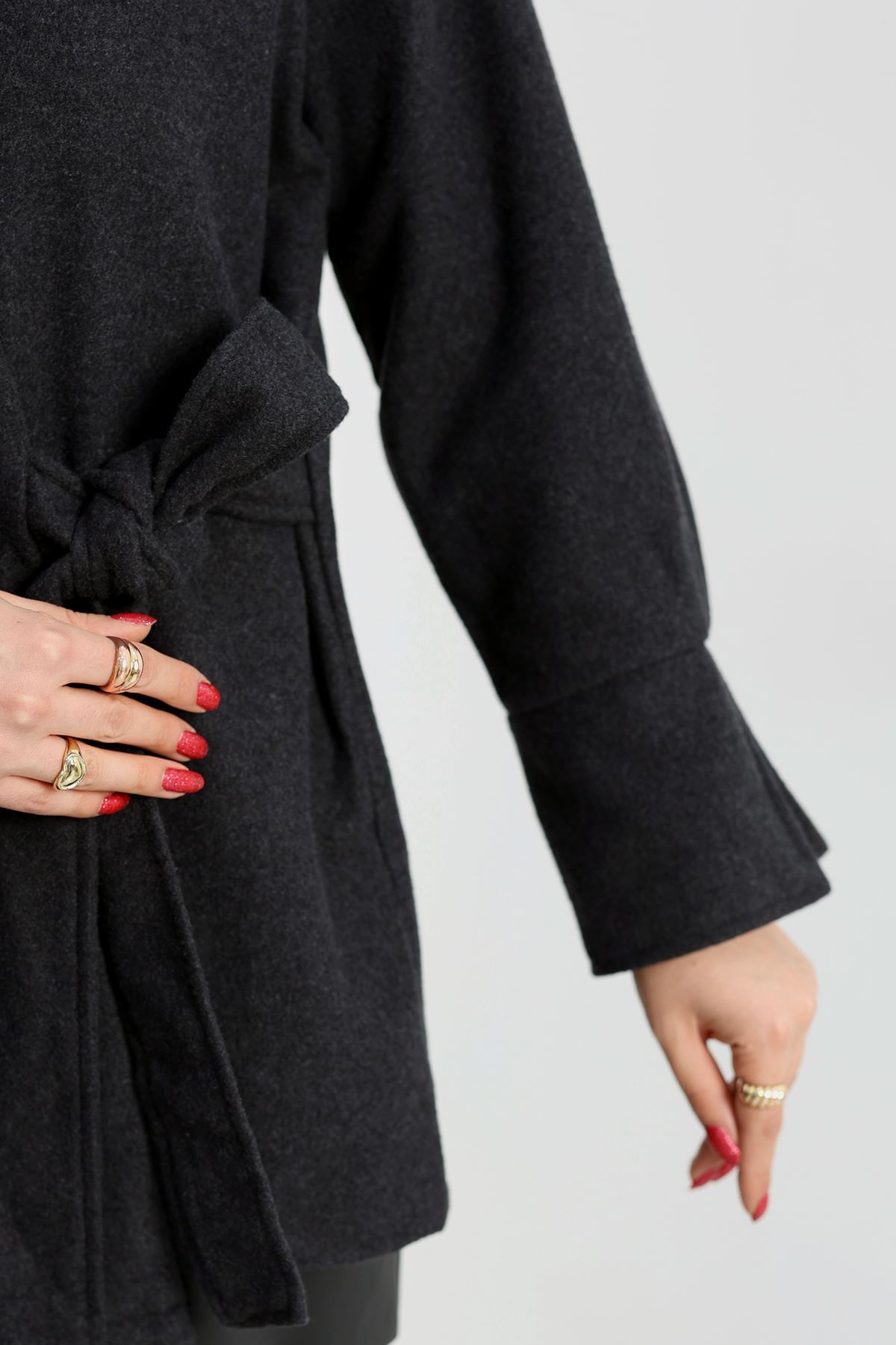 Bağlamalı Kruvaze Yaka Kaşe Ceket Füme - 70993.1775.