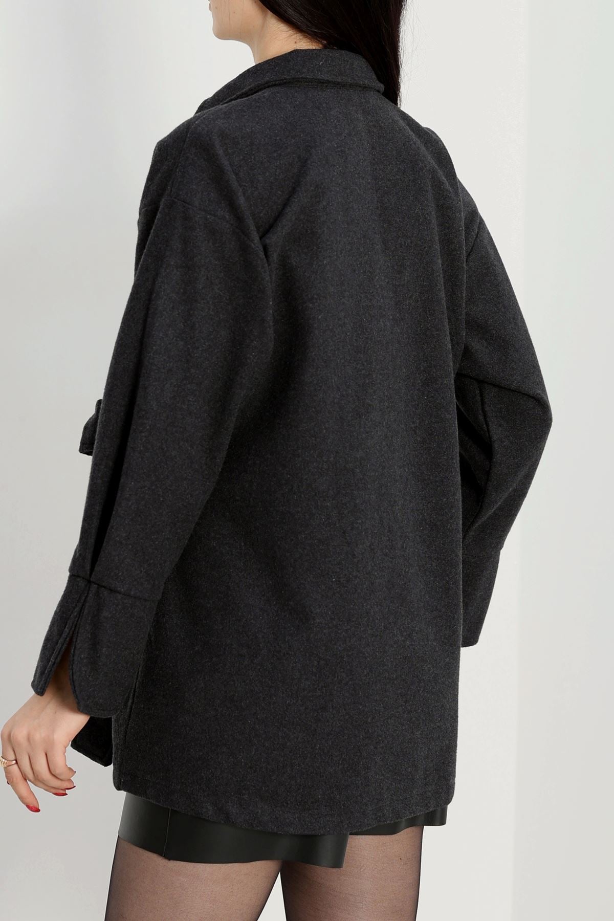 Bağlamalı Kruvaze Yaka Kaşe Ceket Füme - 70993.1775.