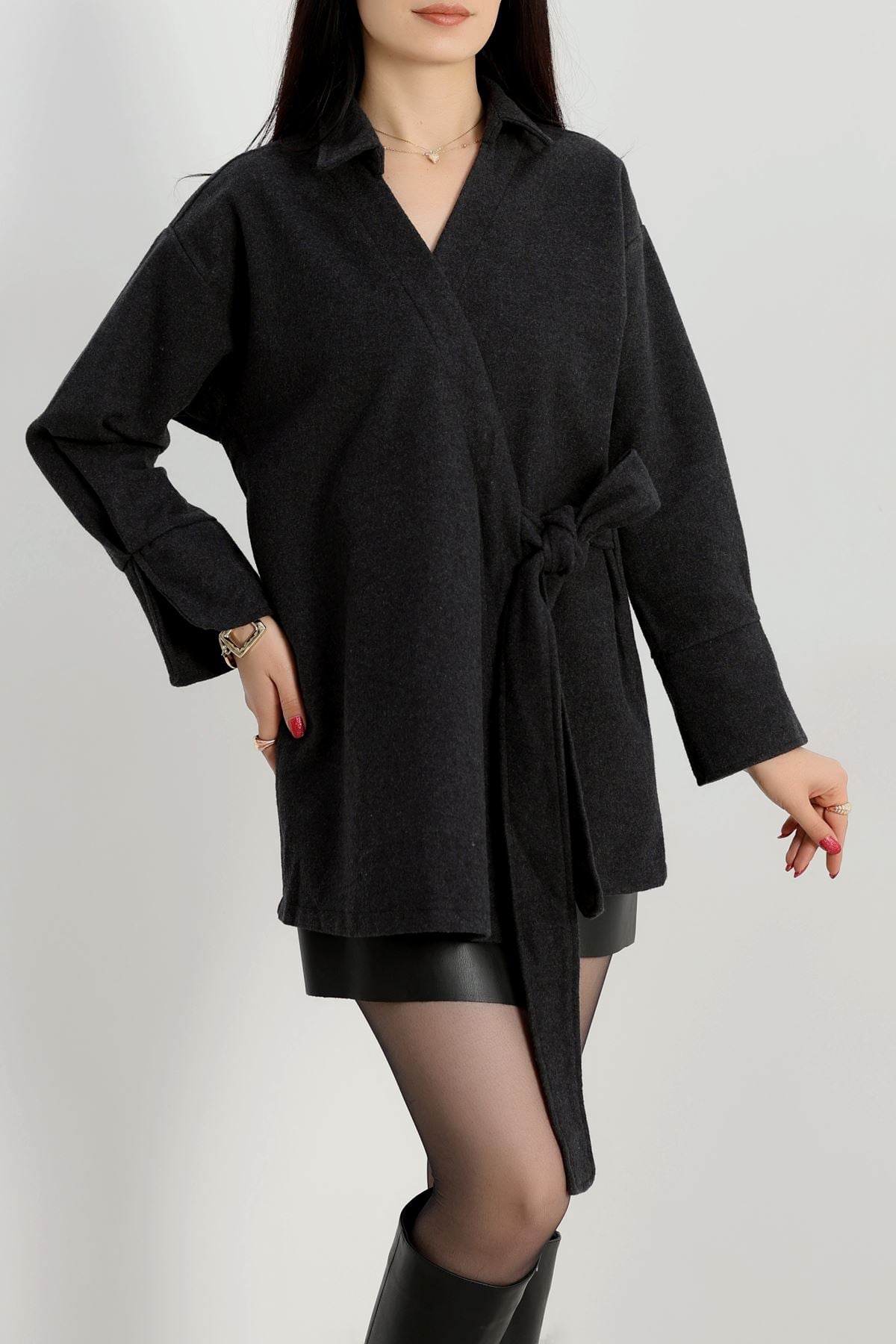 Bağlamalı Kruvaze Yaka Kaşe Ceket Füme - 70993.1775.