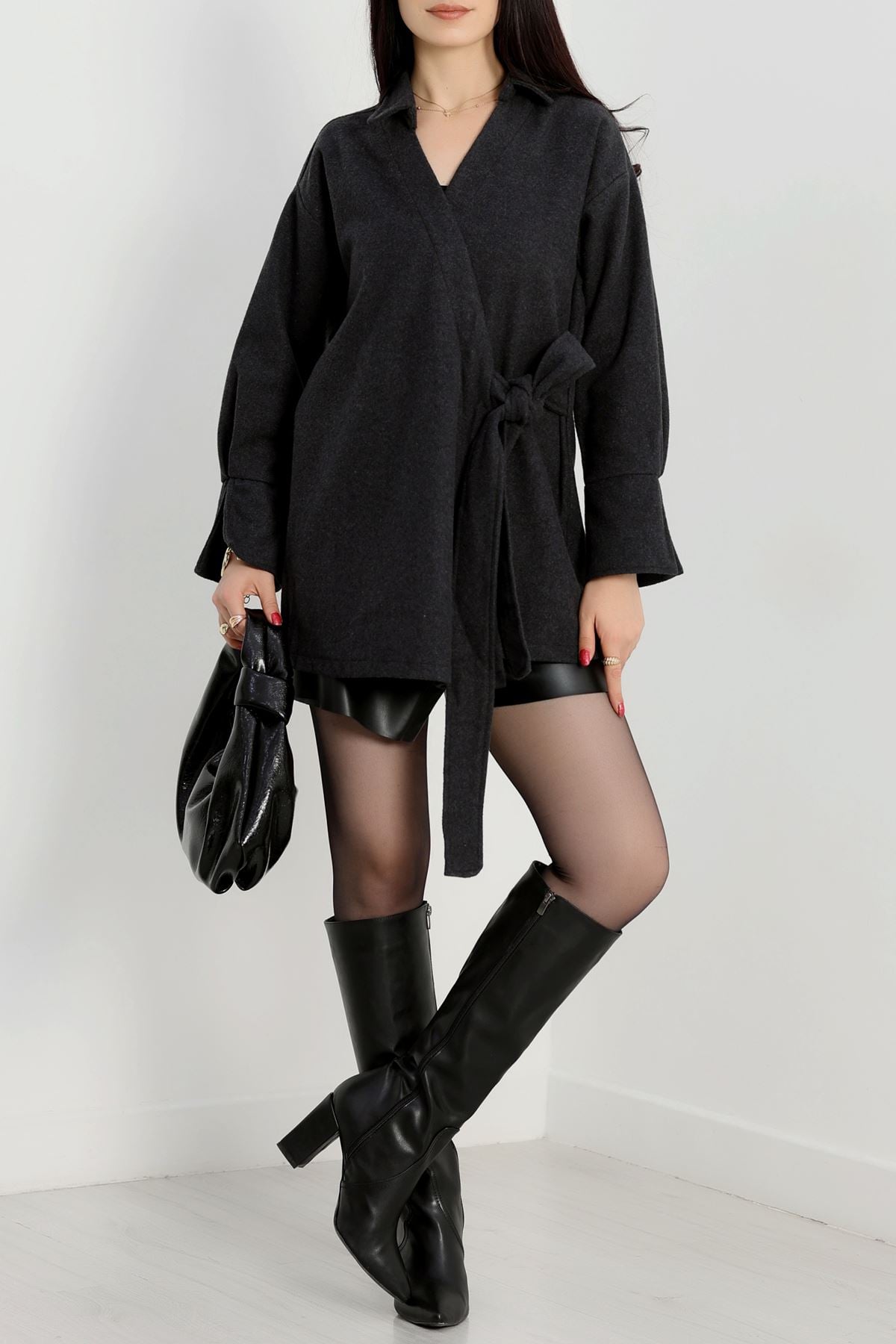 Bağlamalı Kruvaze Yaka Kaşe Ceket Füme - 70993.1775.