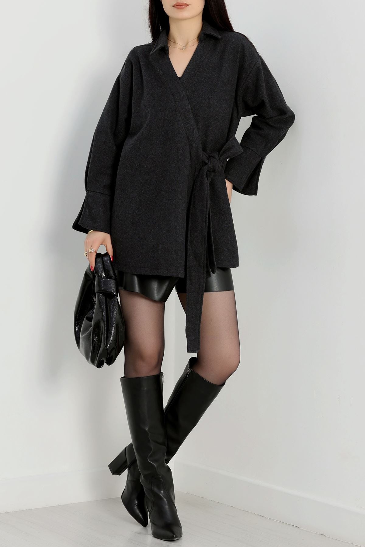 Bağlamalı Kruvaze Yaka Kaşe Ceket Füme - 70993.1775.