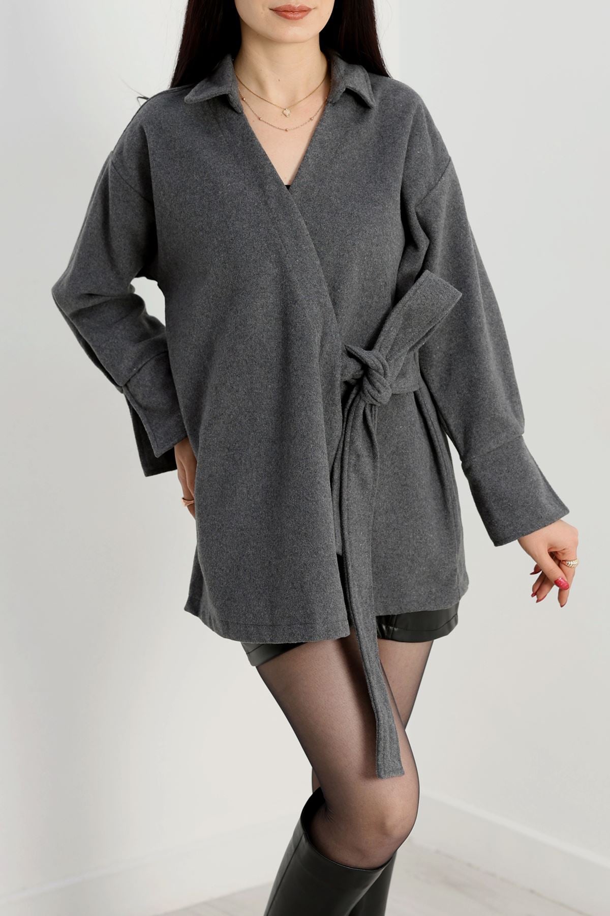Bağlamalı Kruvaze Yaka Kaşe Ceket Antrasit - 70993.1775.