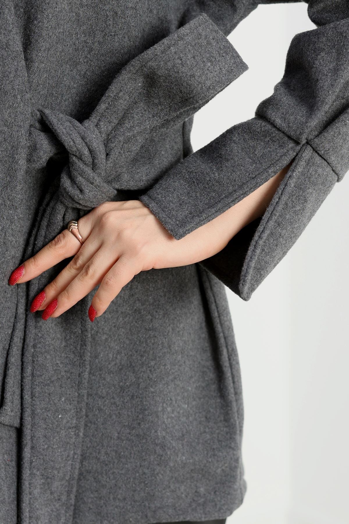 Bağlamalı Kruvaze Yaka Kaşe Ceket Antrasit - 70993.1775.