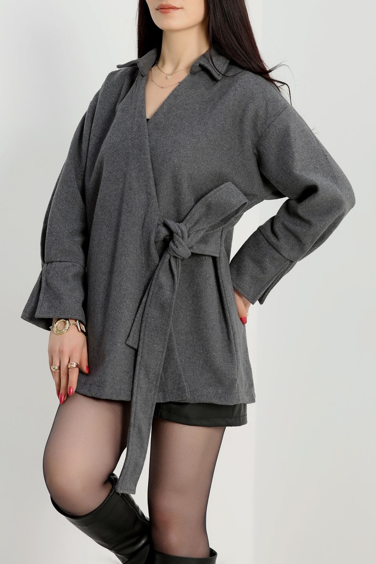 Bağlamalı Kruvaze Yaka Kaşe Ceket Antrasit - 70993.1775.