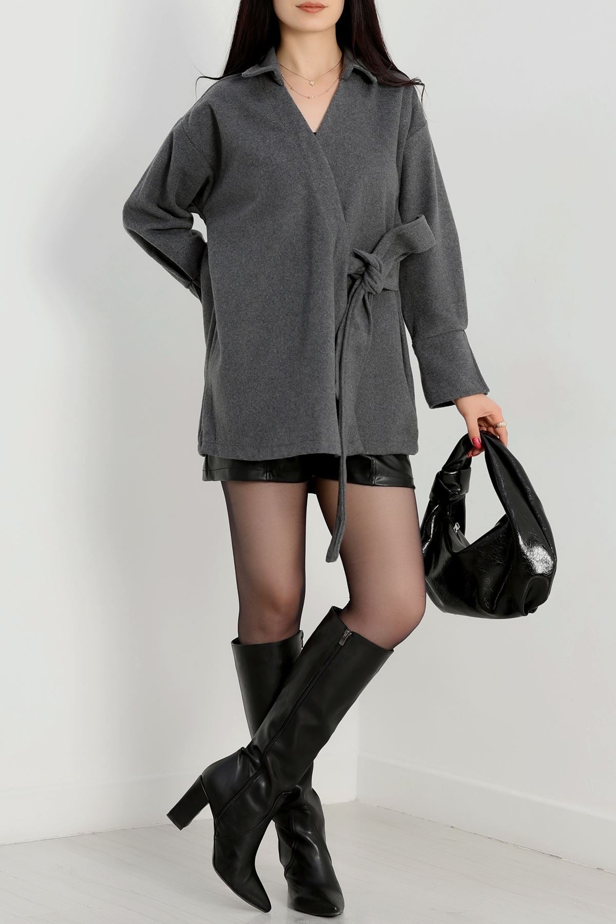 Bağlamalı Kruvaze Yaka Kaşe Ceket Antrasit - 70993.1775.