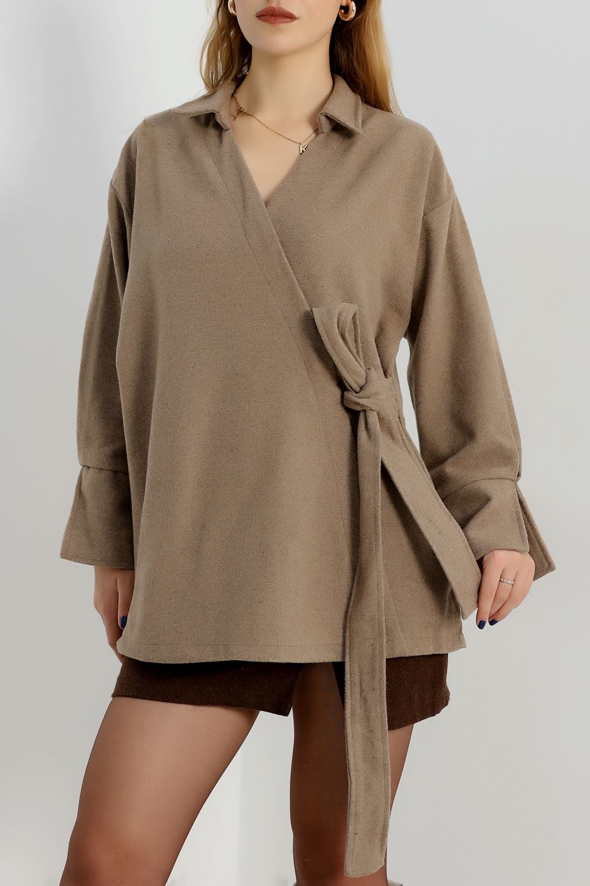 Bağlamalı Kruvaze Yaka Kaşe Ceket Vizon - 70993.1775.