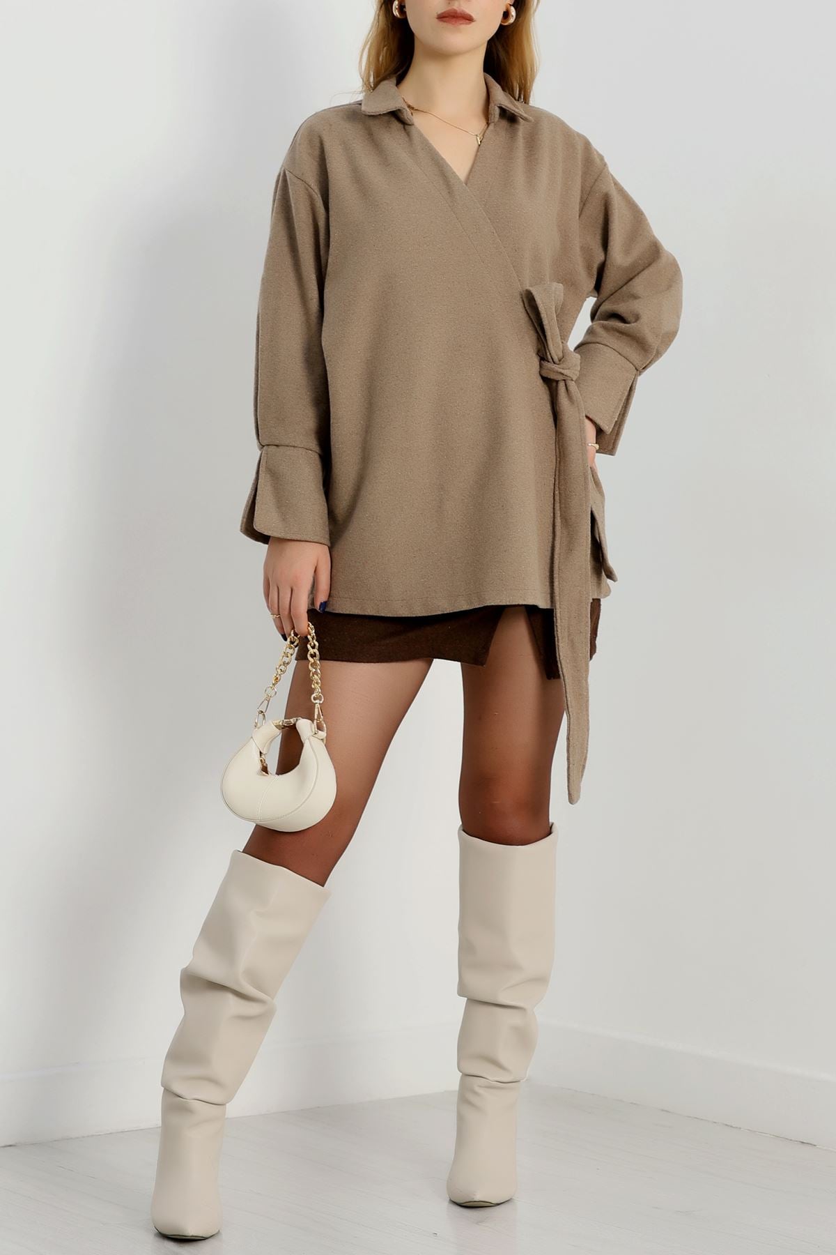 Bağlamalı Kruvaze Yaka Kaşe Ceket Vizon - 70993.1775.