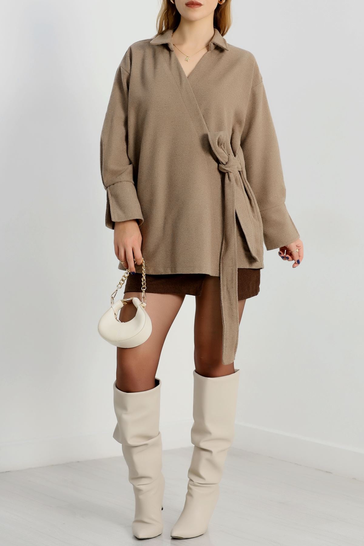 Bağlamalı Kruvaze Yaka Kaşe Ceket Vizon - 70993.1775.