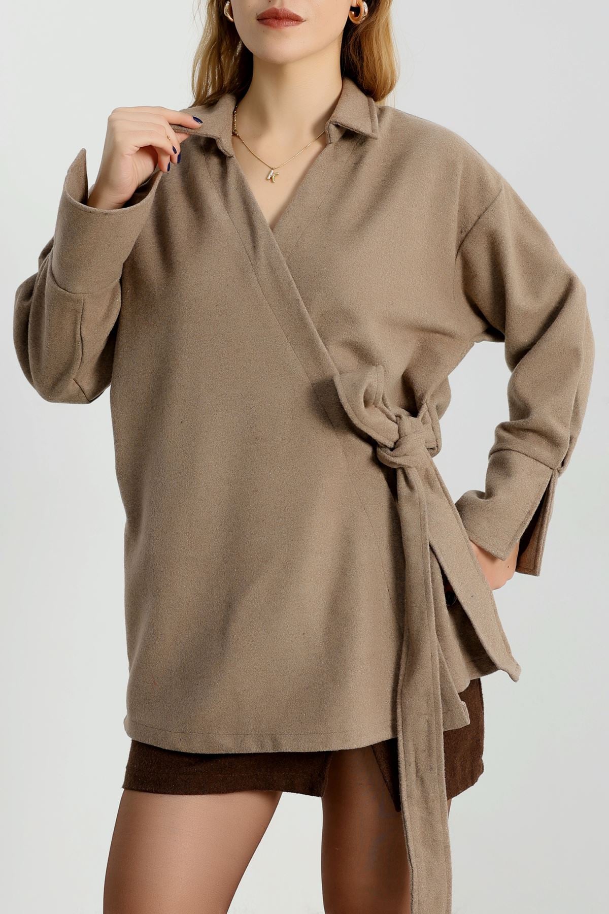 Bağlamalı Kruvaze Yaka Kaşe Ceket Vizon - 70993.1775.