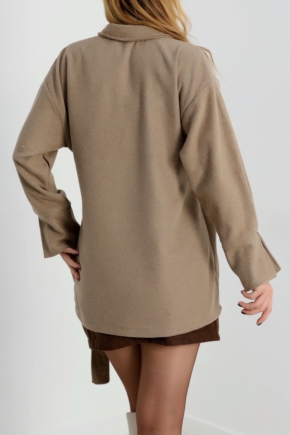 Bağlamalı Kruvaze Yaka Kaşe Ceket Vizon - 70993.1775.