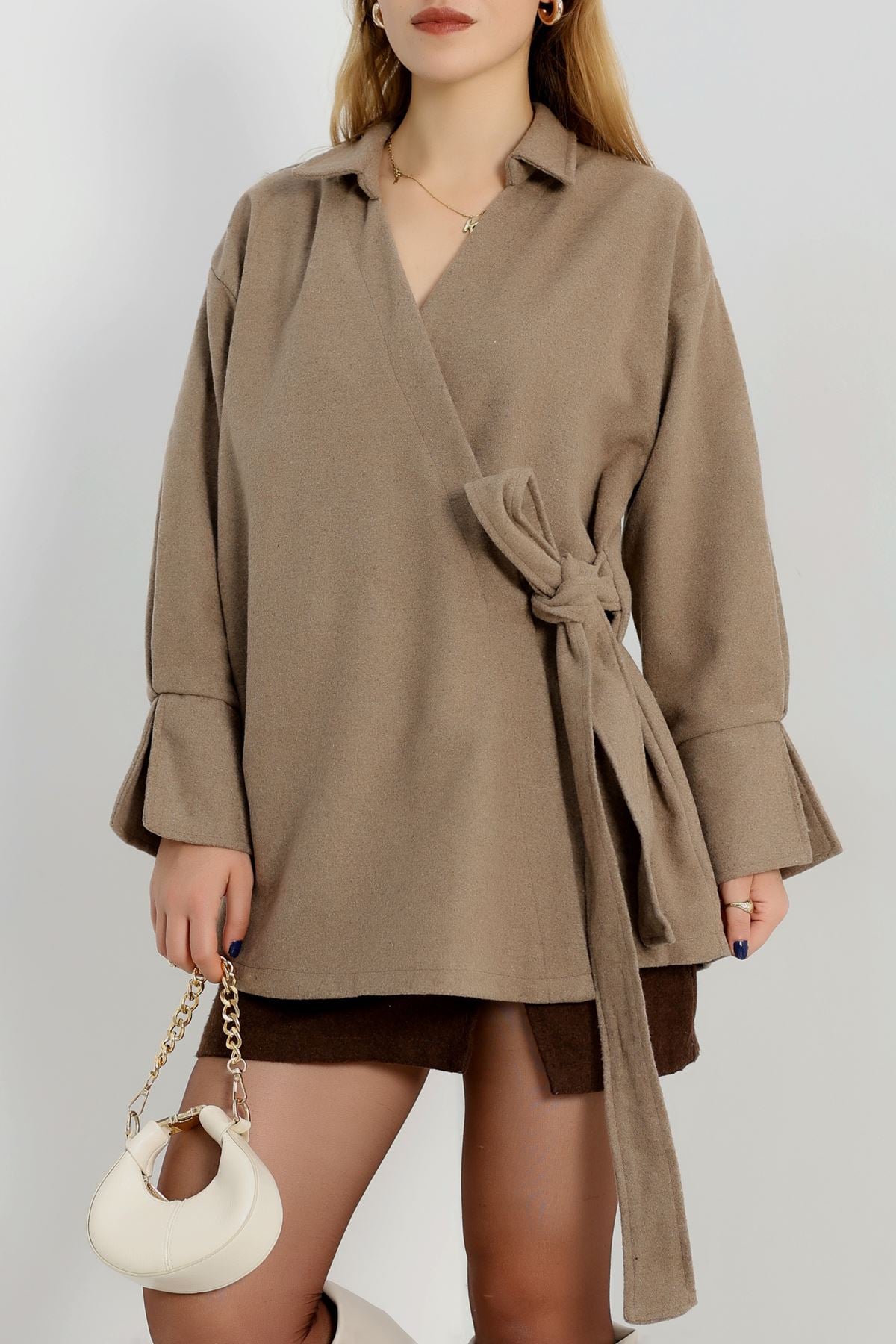 Bağlamalı Kruvaze Yaka Kaşe Ceket Vizon - 70993.1775.