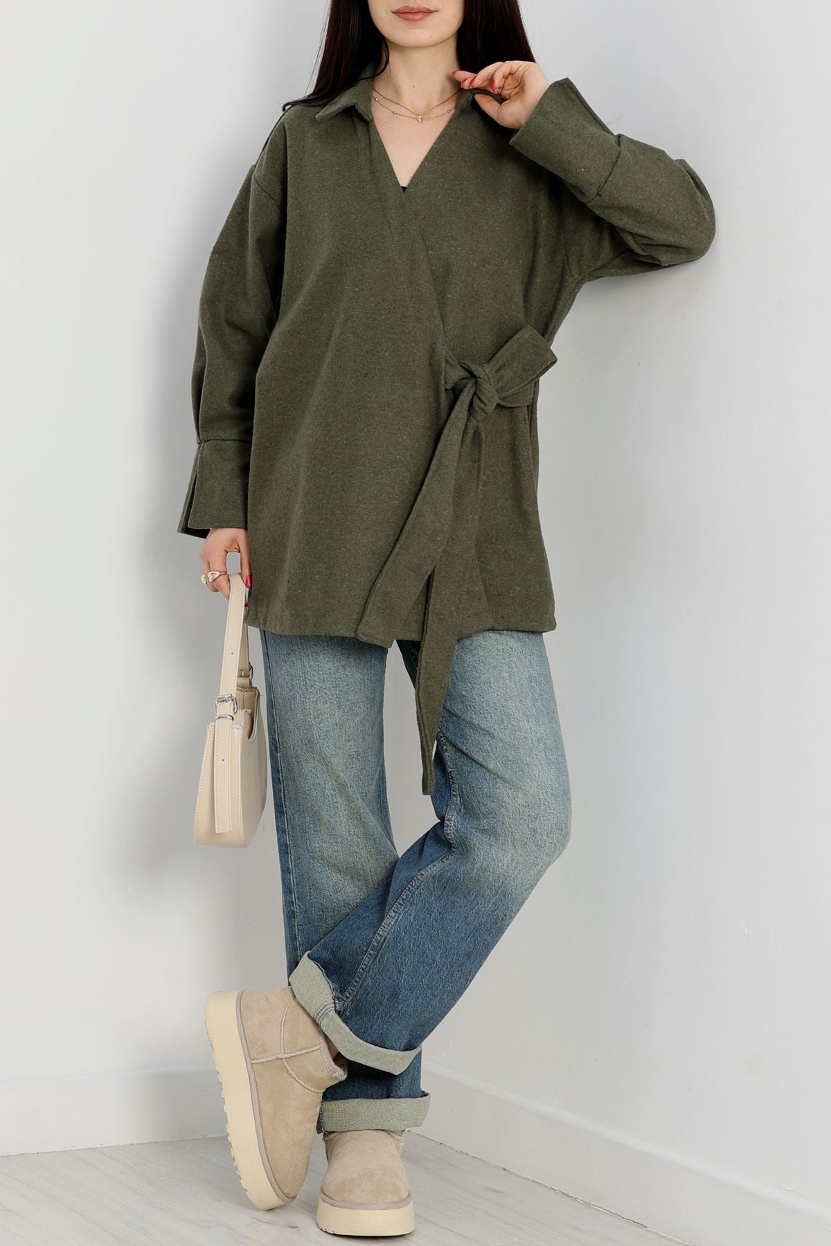 Bağlamalı Kruvaze Yaka Kaşe Ceket Haki - 70993.1775.