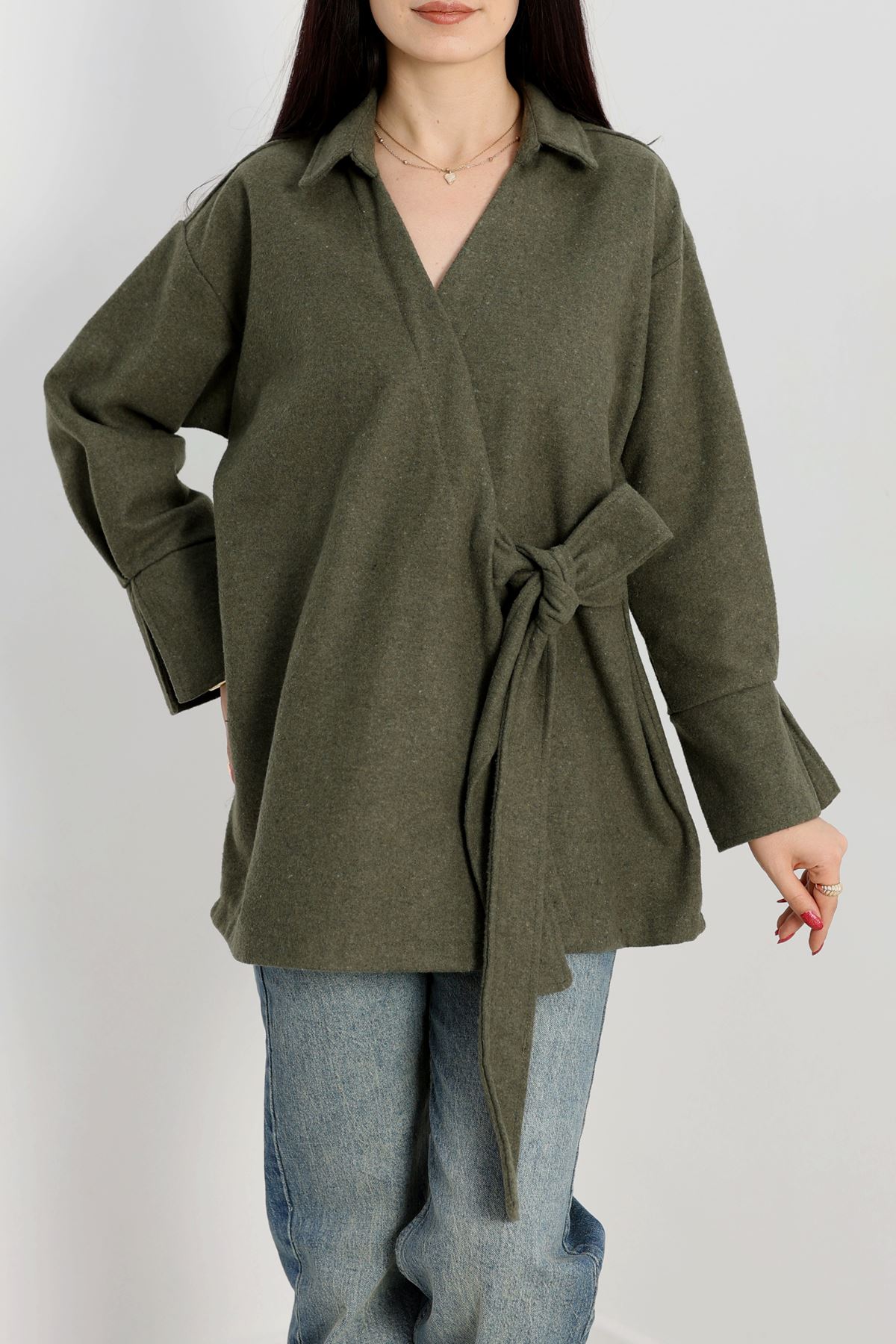 Bağlamalı Kruvaze Yaka Kaşe Ceket Haki - 70993.1775.