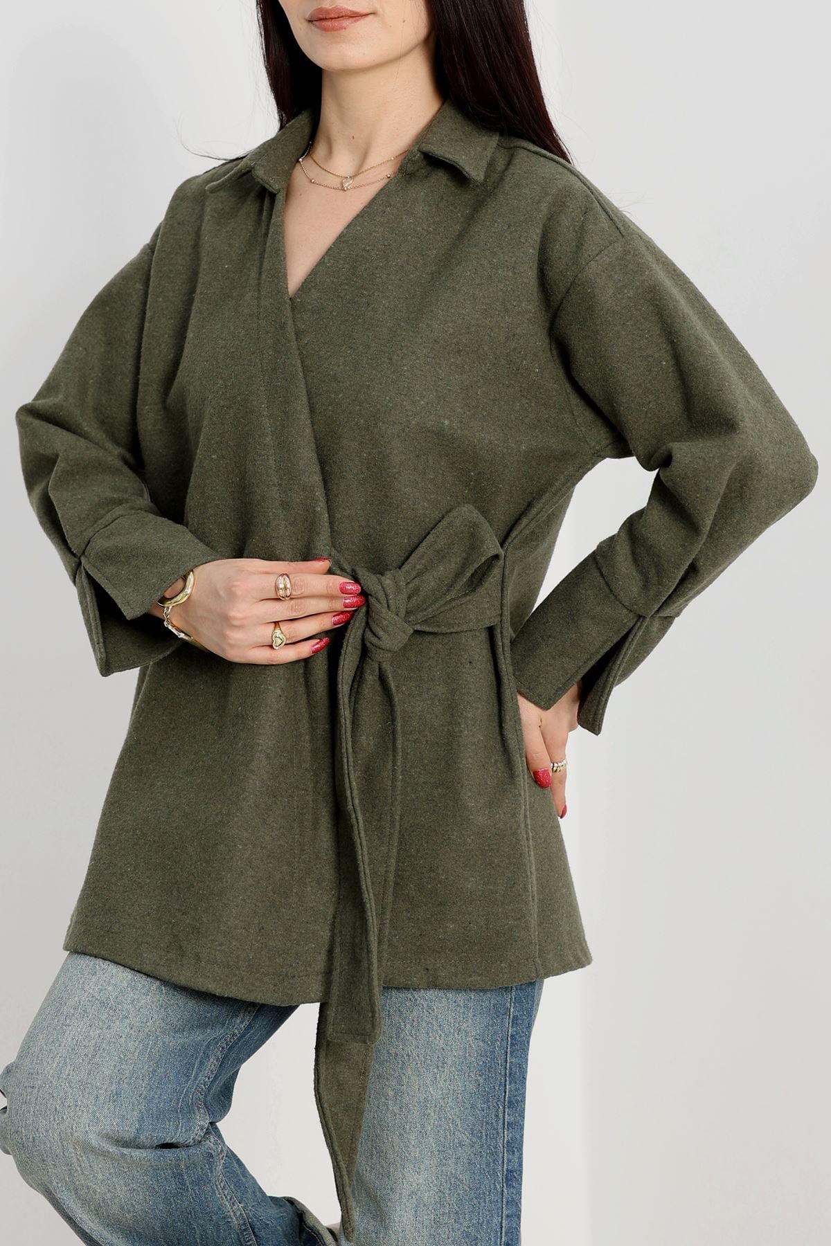 Bağlamalı Kruvaze Yaka Kaşe Ceket Haki - 70993.1775.