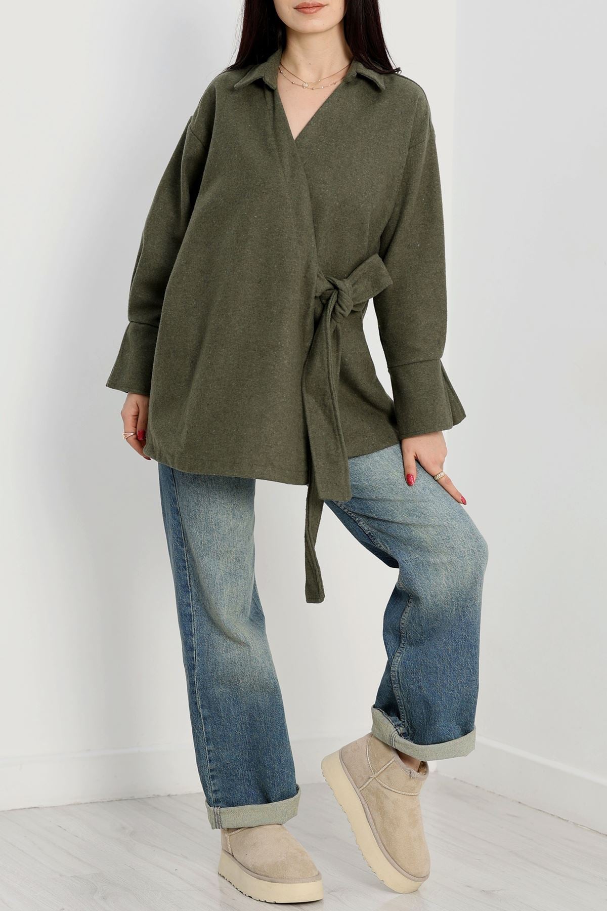 Bağlamalı Kruvaze Yaka Kaşe Ceket Haki - 70993.1775.