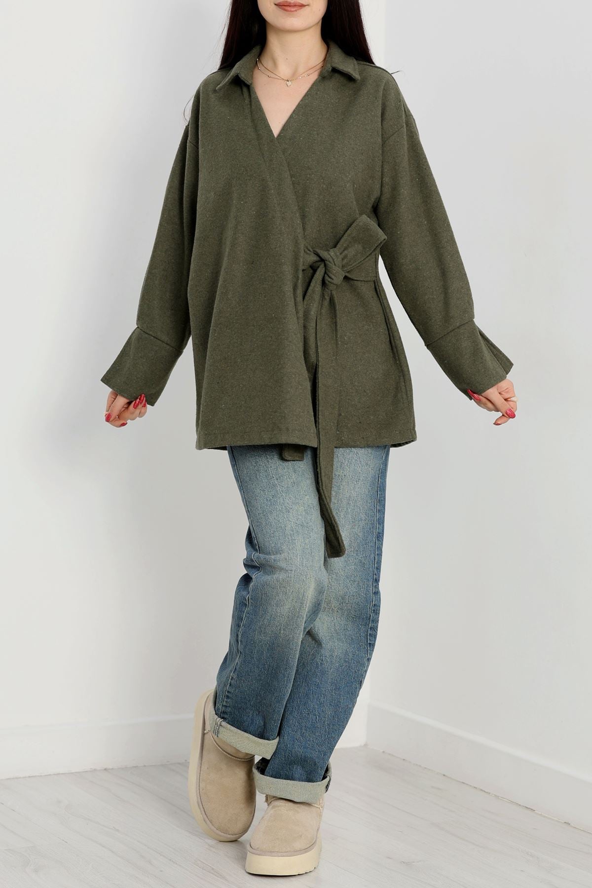 Bağlamalı Kruvaze Yaka Kaşe Ceket Haki - 70993.1775.
