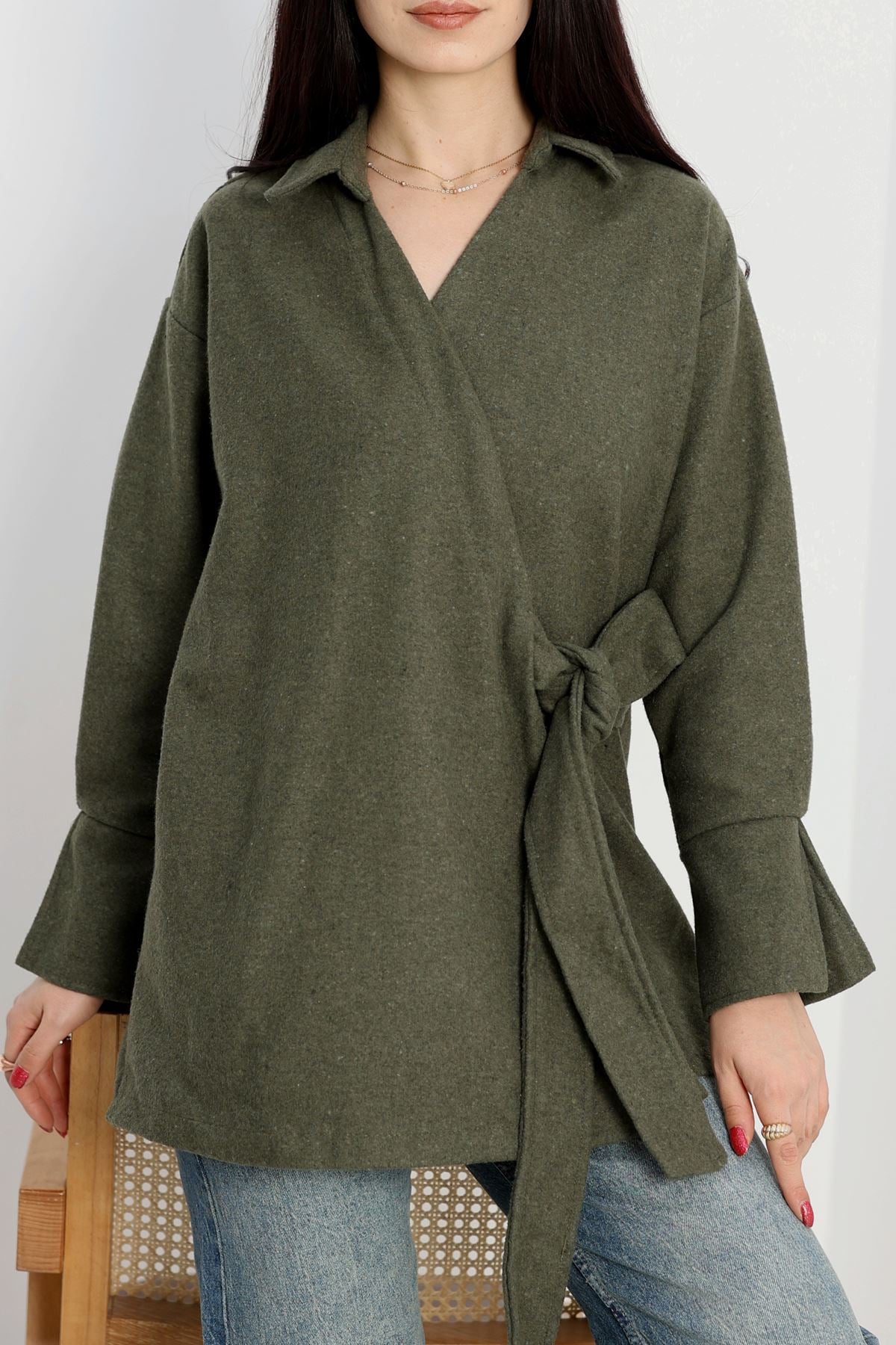 Bağlamalı Kruvaze Yaka Kaşe Ceket Haki - 70993.1775.