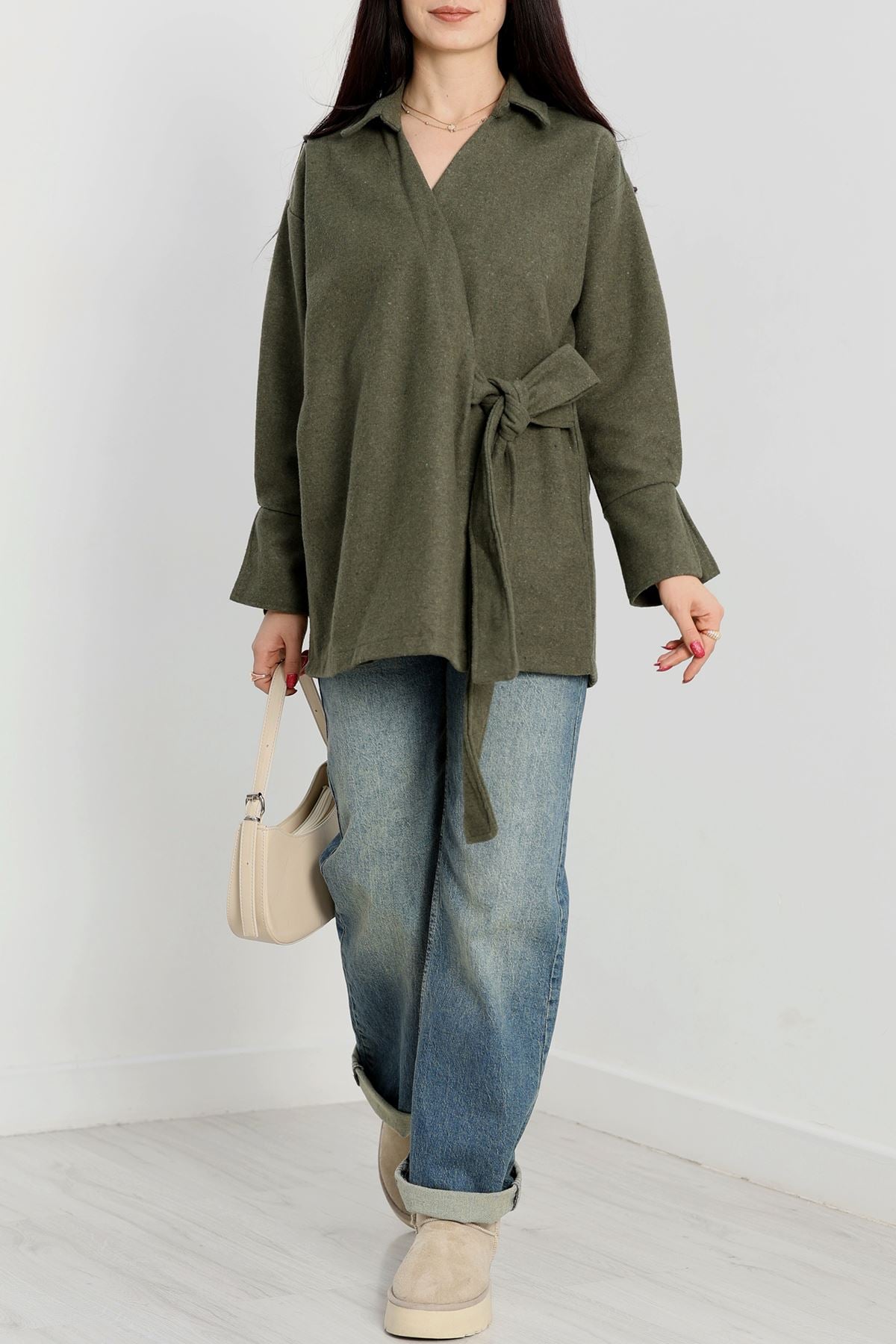Bağlamalı Kruvaze Yaka Kaşe Ceket Haki - 70993.1775.