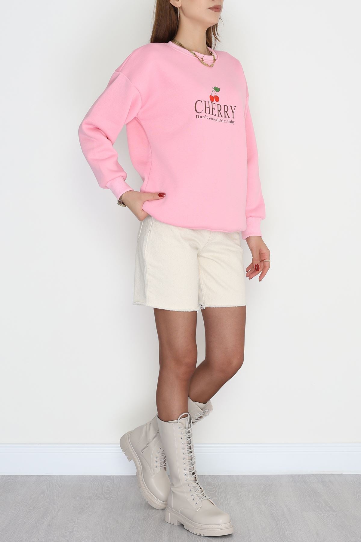 3 İplik Bisiklet Yaka Sweat Pembe - 42235.1878.