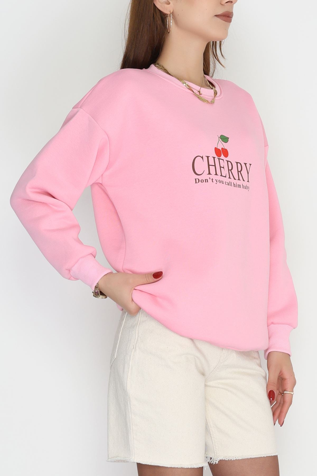 3 İplik Bisiklet Yaka Sweat Pembe - 42235.1878.