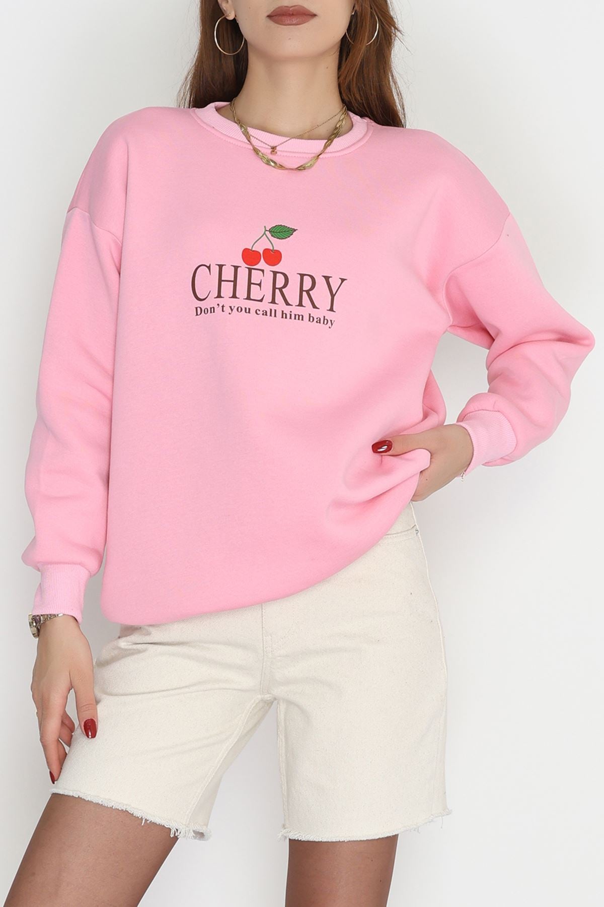 3 İplik Bisiklet Yaka Sweat Pembe - 42235.1878.