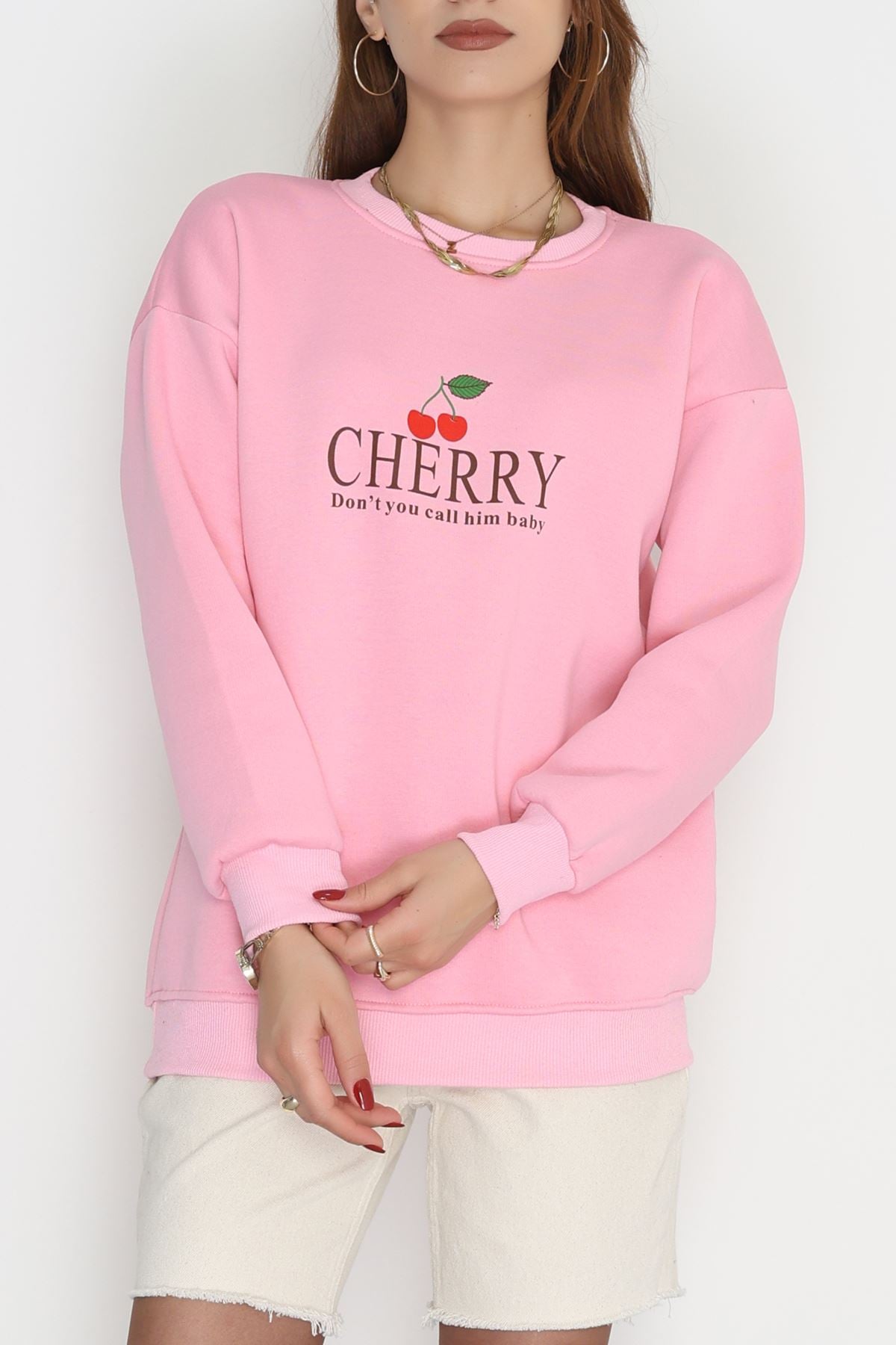 3 İplik Bisiklet Yaka Sweat Pembe - 42235.1878.