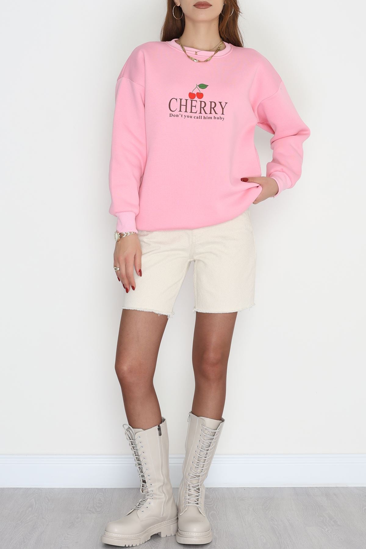 3 İplik Bisiklet Yaka Sweat Pembe - 42235.1878.