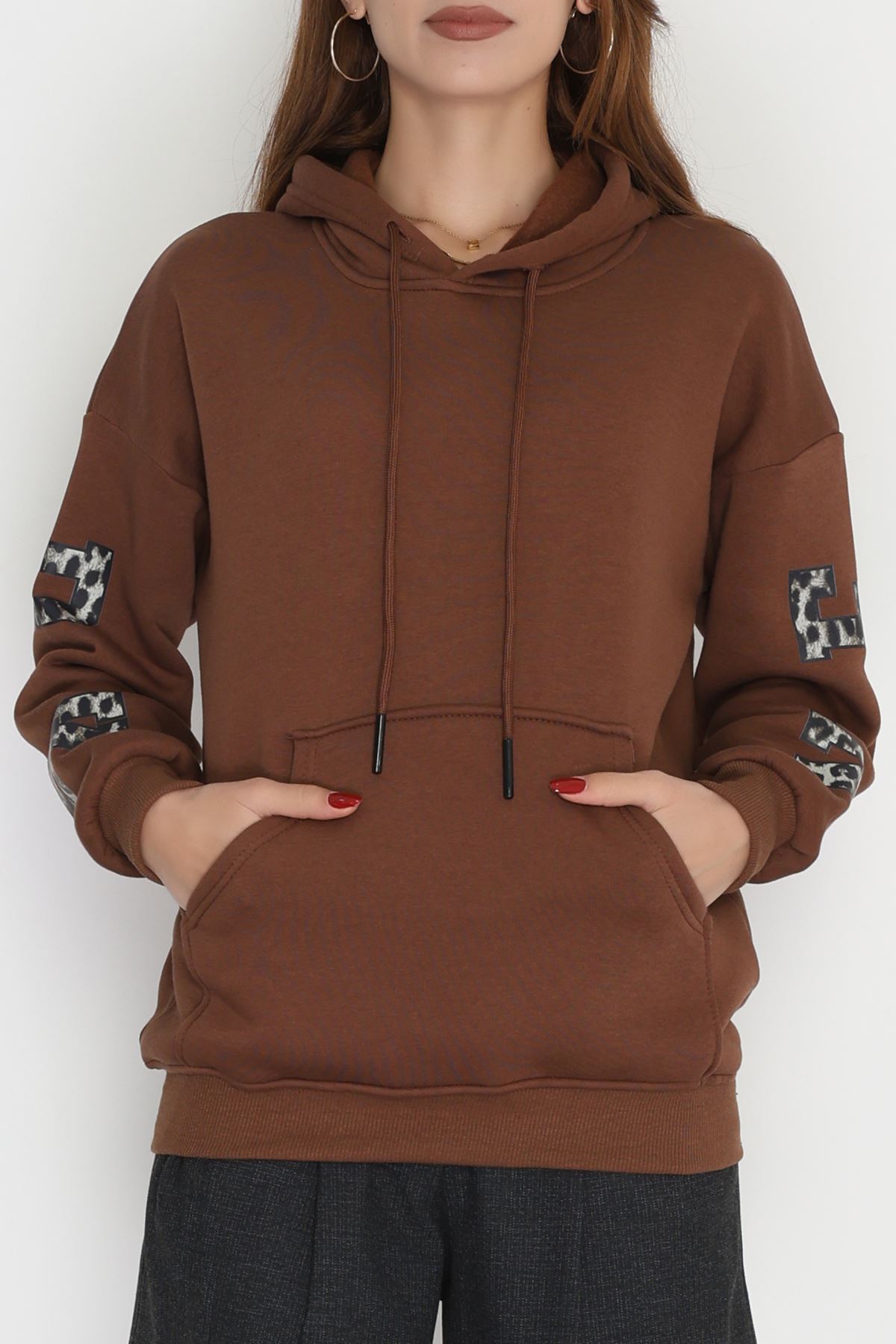3 İplik Kanguru Cepli Kapşonlu Sweat Kahve - 42249.1878.