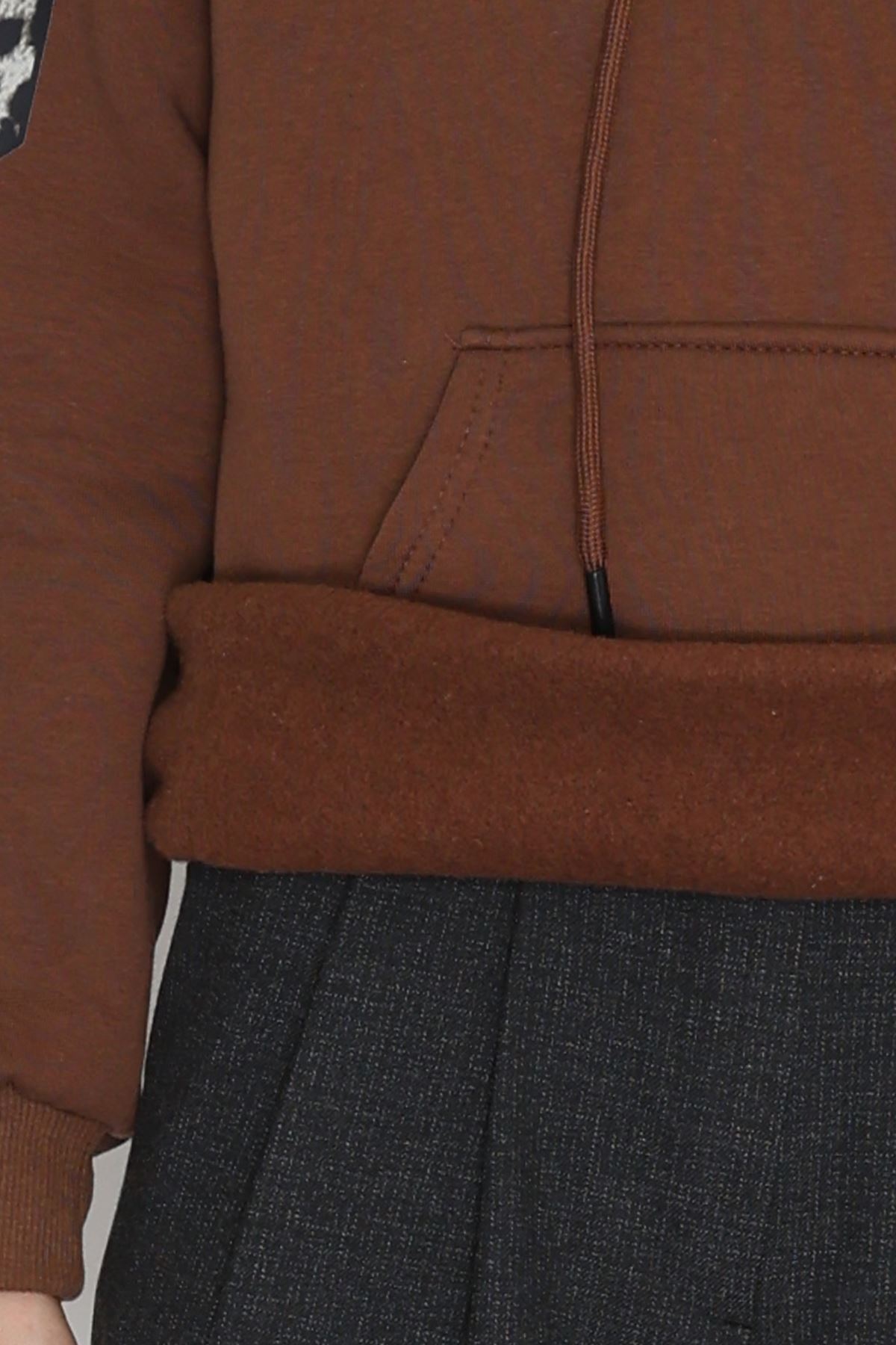 3 İplik Kanguru Cepli Kapşonlu Sweat Kahve - 42249.1878.