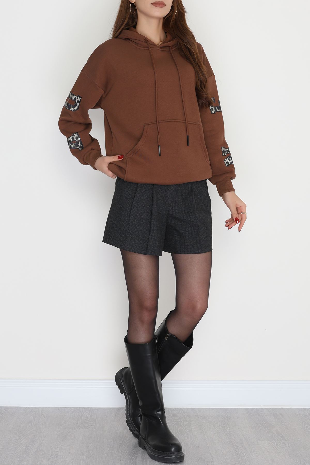 3 İplik Kanguru Cepli Kapşonlu Sweat Kahve - 42249.1878.