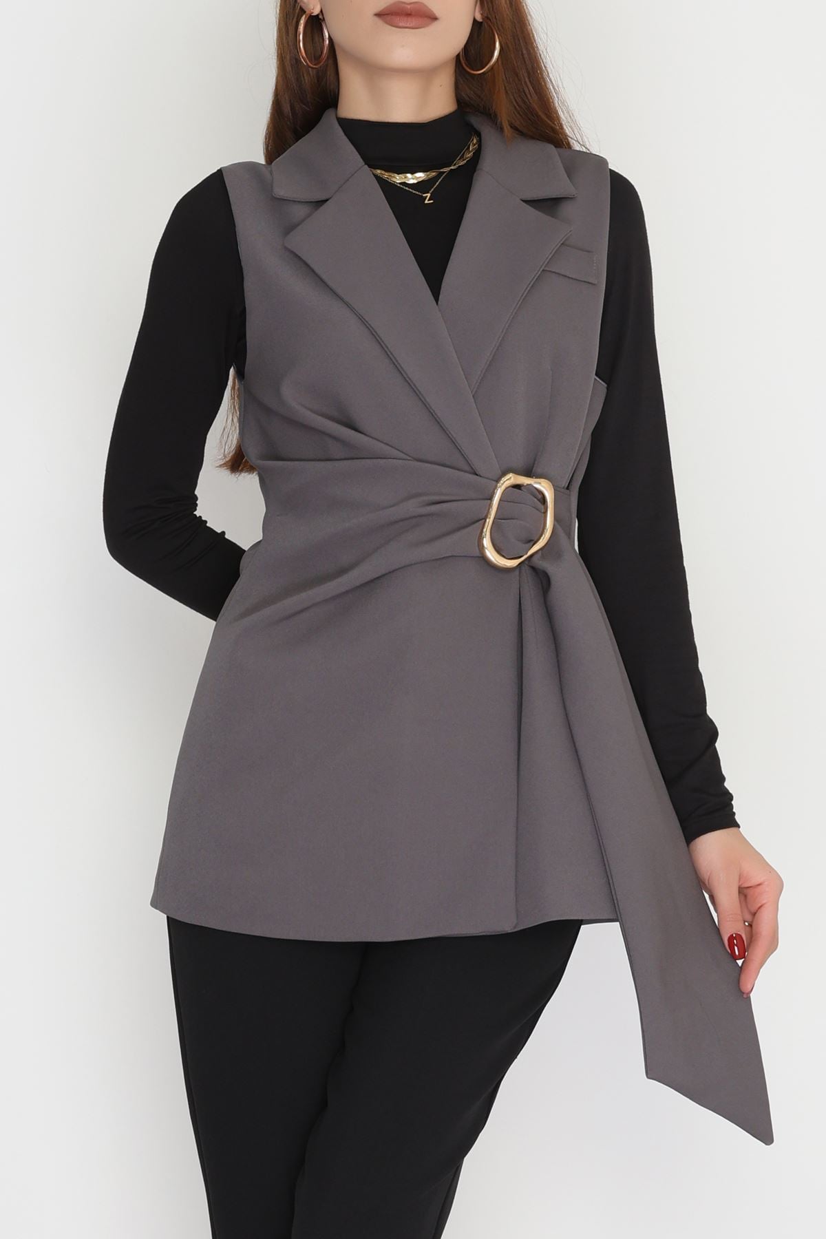 Dabıl Kumaş Bağlamalı Astarlı Yelek Koyugri - 31359.1397.