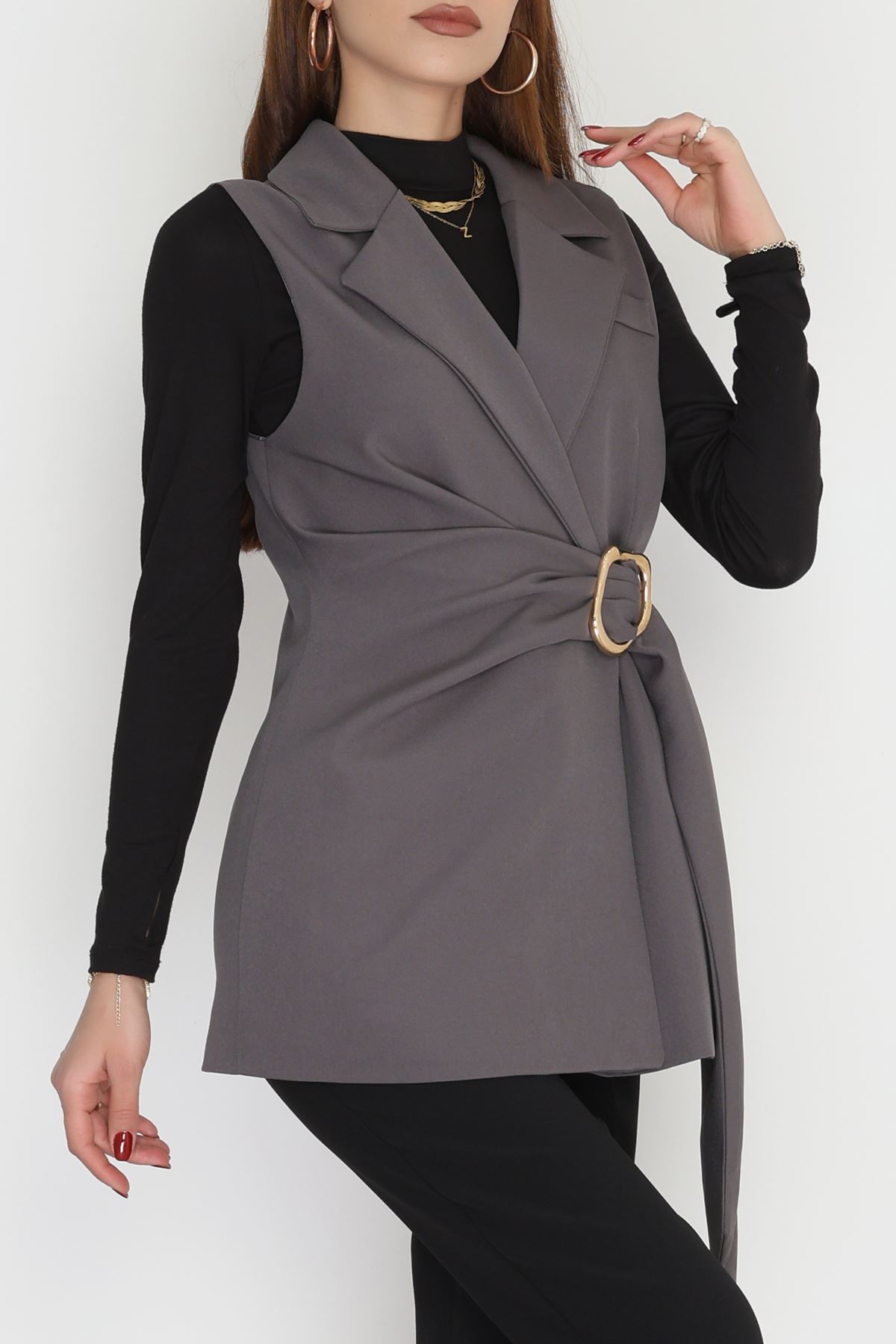 Dabıl Kumaş Bağlamalı Astarlı Yelek Koyugri - 31359.1397.