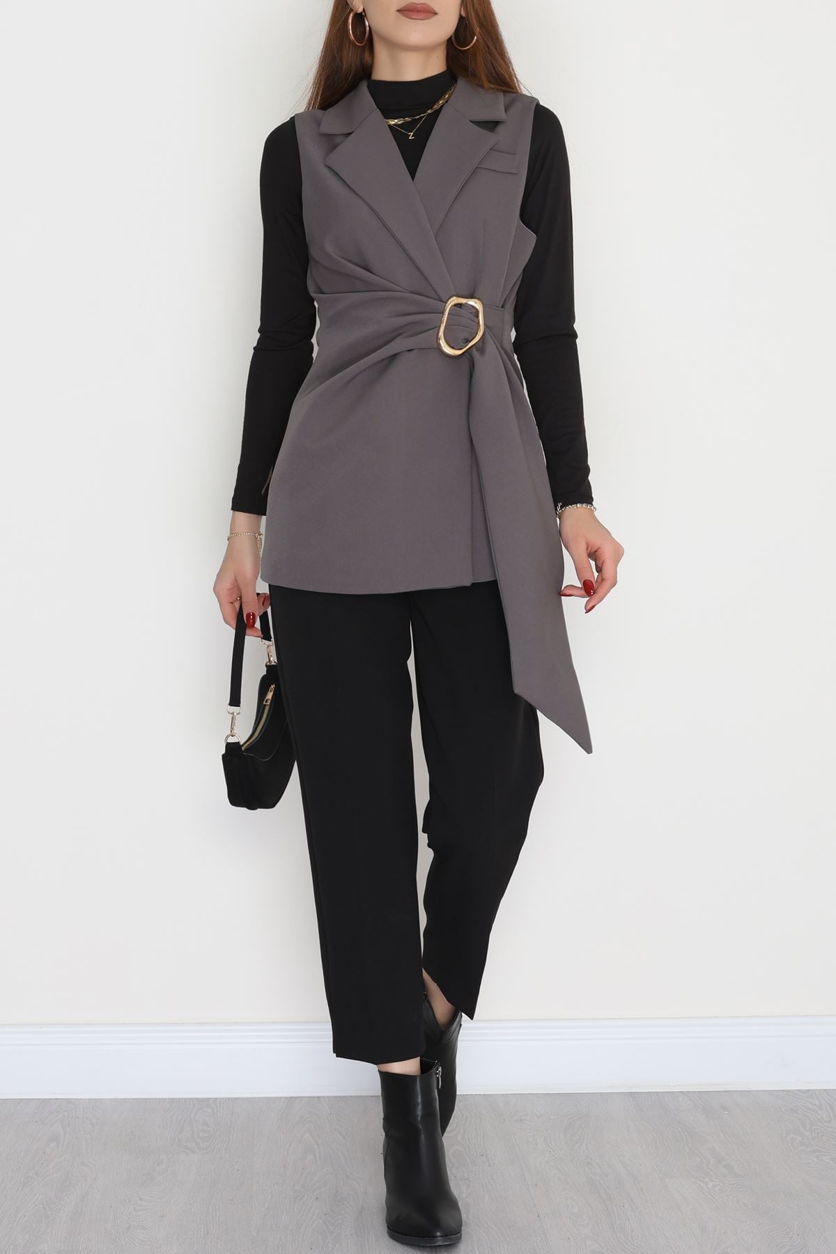 Dabıl Kumaş Bağlamalı Astarlı Yelek Koyugri - 31359.1397.