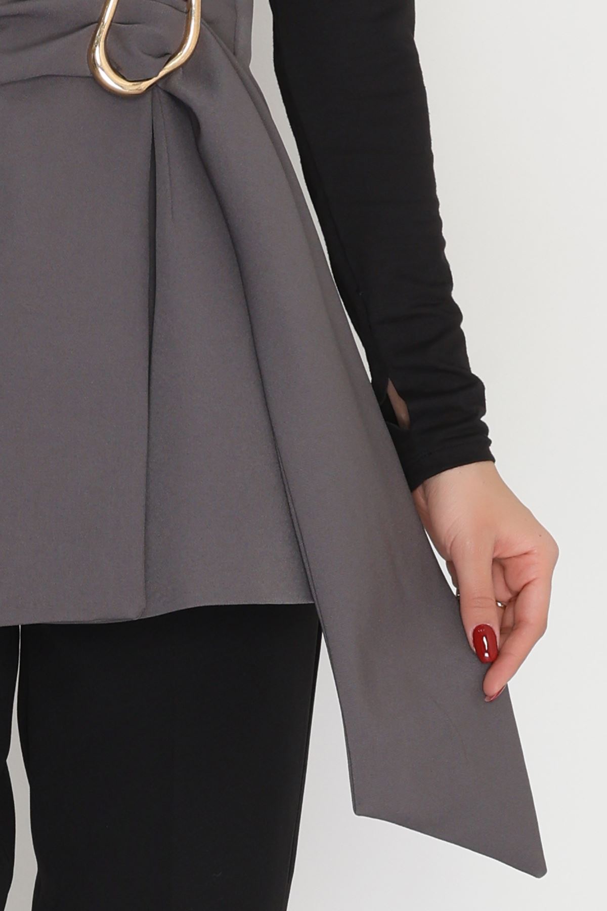 Dabıl Kumaş Bağlamalı Astarlı Yelek Koyugri - 31359.1397.