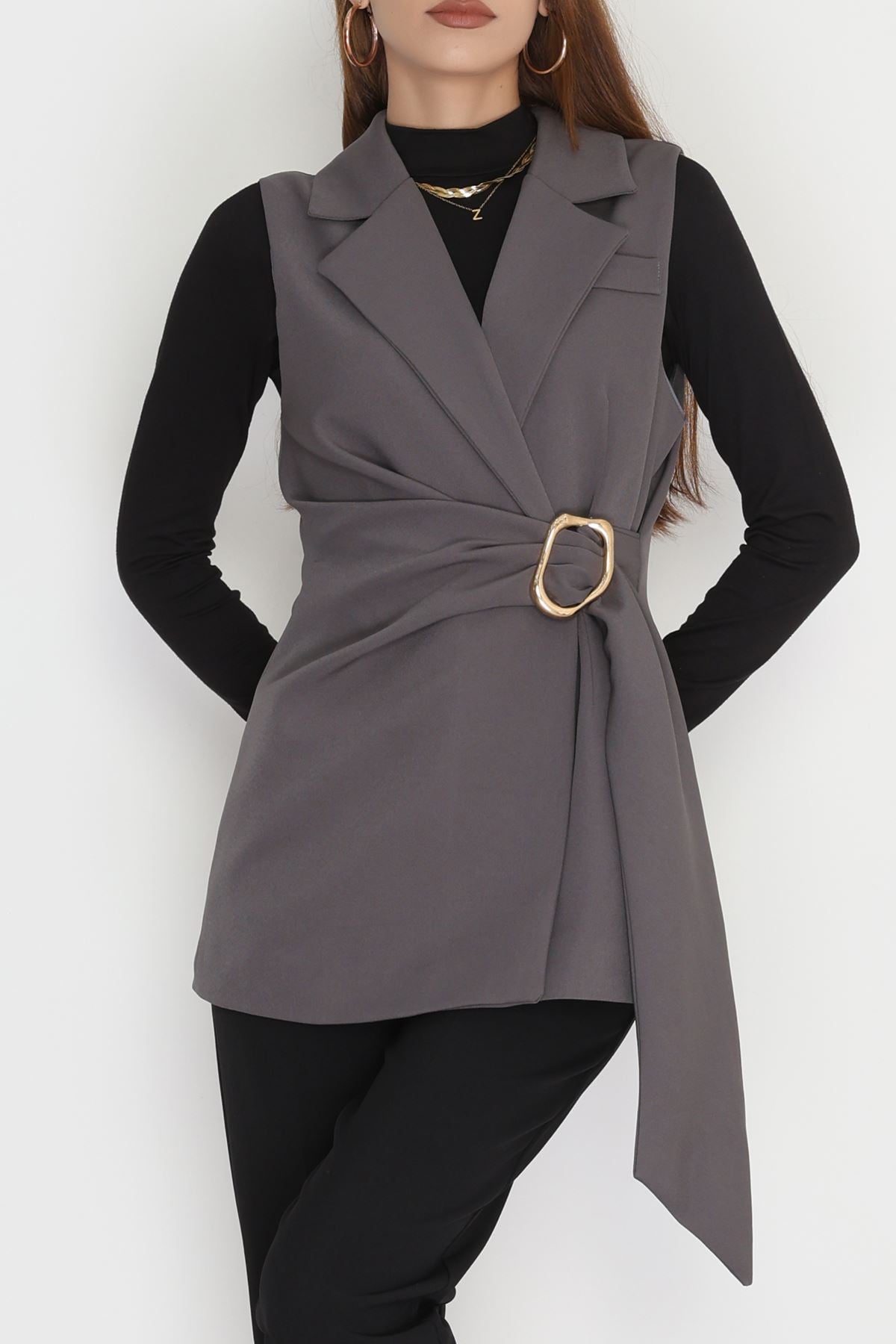 Dabıl Kumaş Bağlamalı Astarlı Yelek Koyugri - 31359.1397.