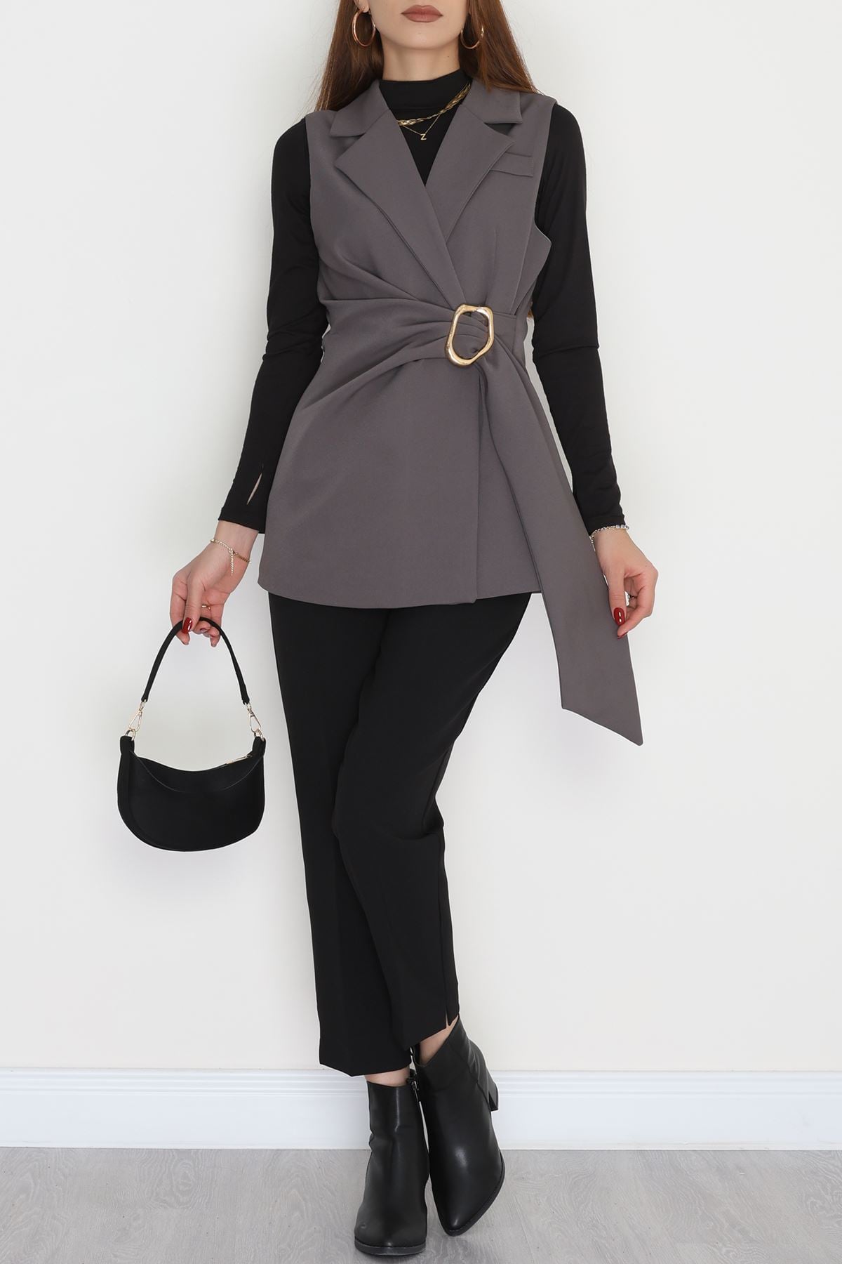 Dabıl Kumaş Bağlamalı Astarlı Yelek Koyugri - 31359.1397.