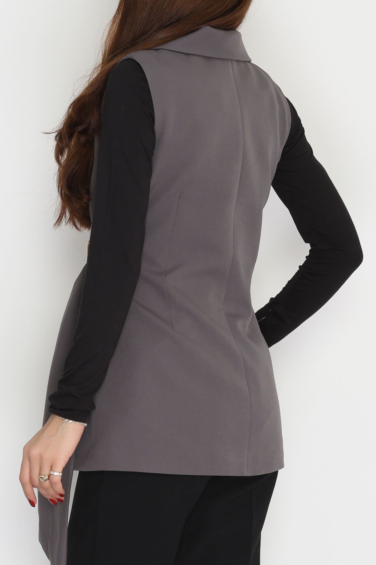 Dabıl Kumaş Bağlamalı Astarlı Yelek Koyugri - 31359.1397.