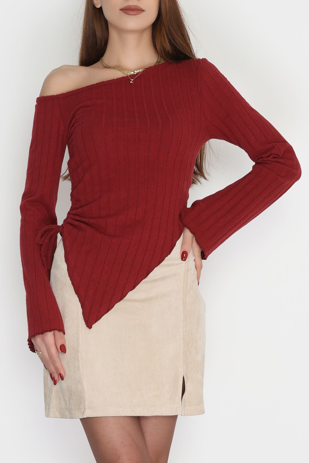 Kayık Yaka Likralı İnterlok Fitilli Body Bordo - 90965.1748.