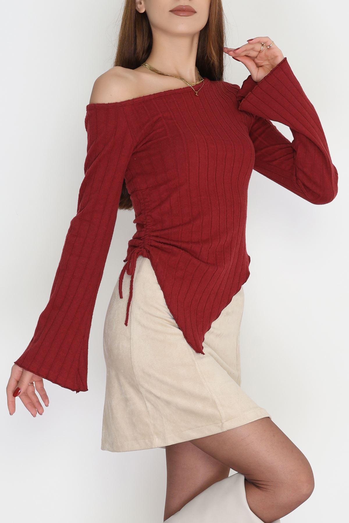 Kayık Yaka Likralı İnterlok Fitilli Body Bordo - 90965.1748.