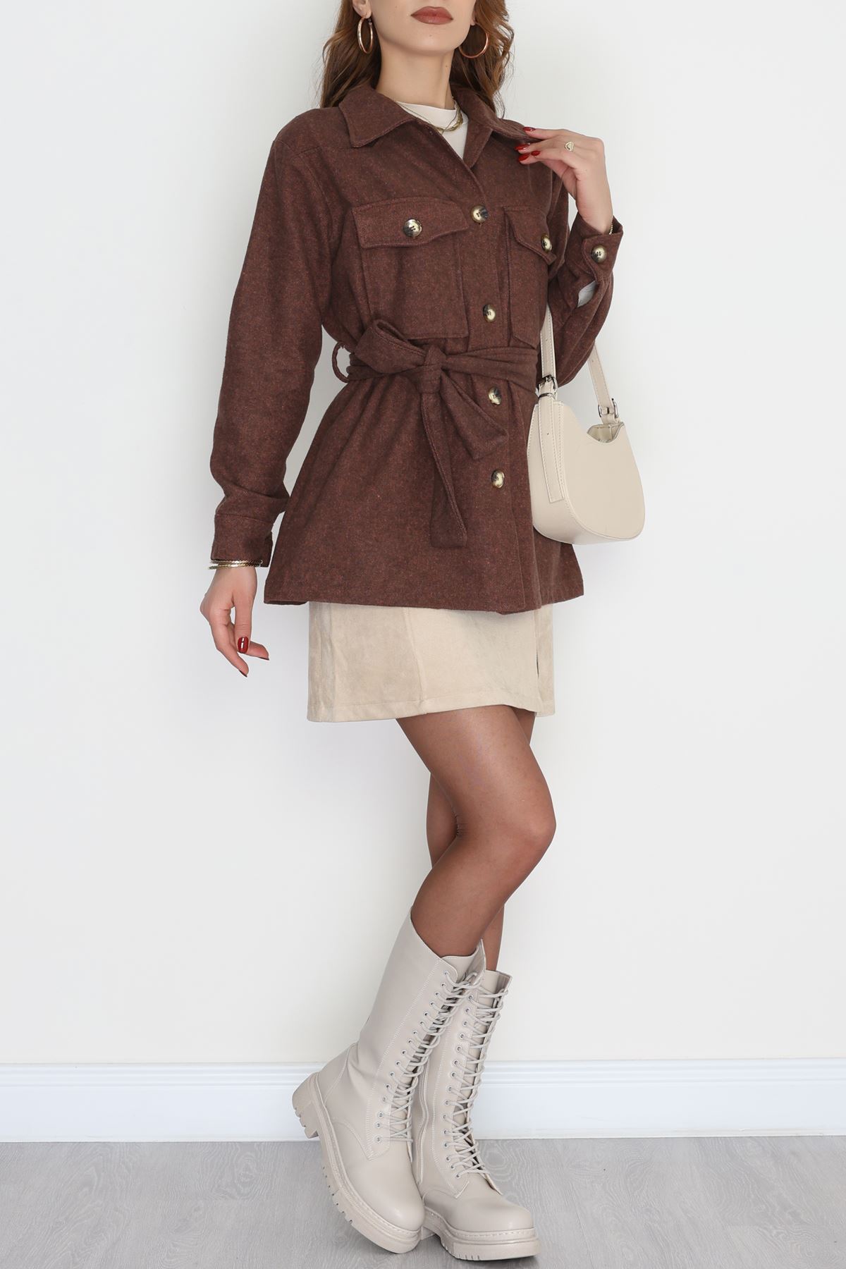 Çift Cepli Kuşaklı Tunik Gömlek Kahve - 70991.1775.