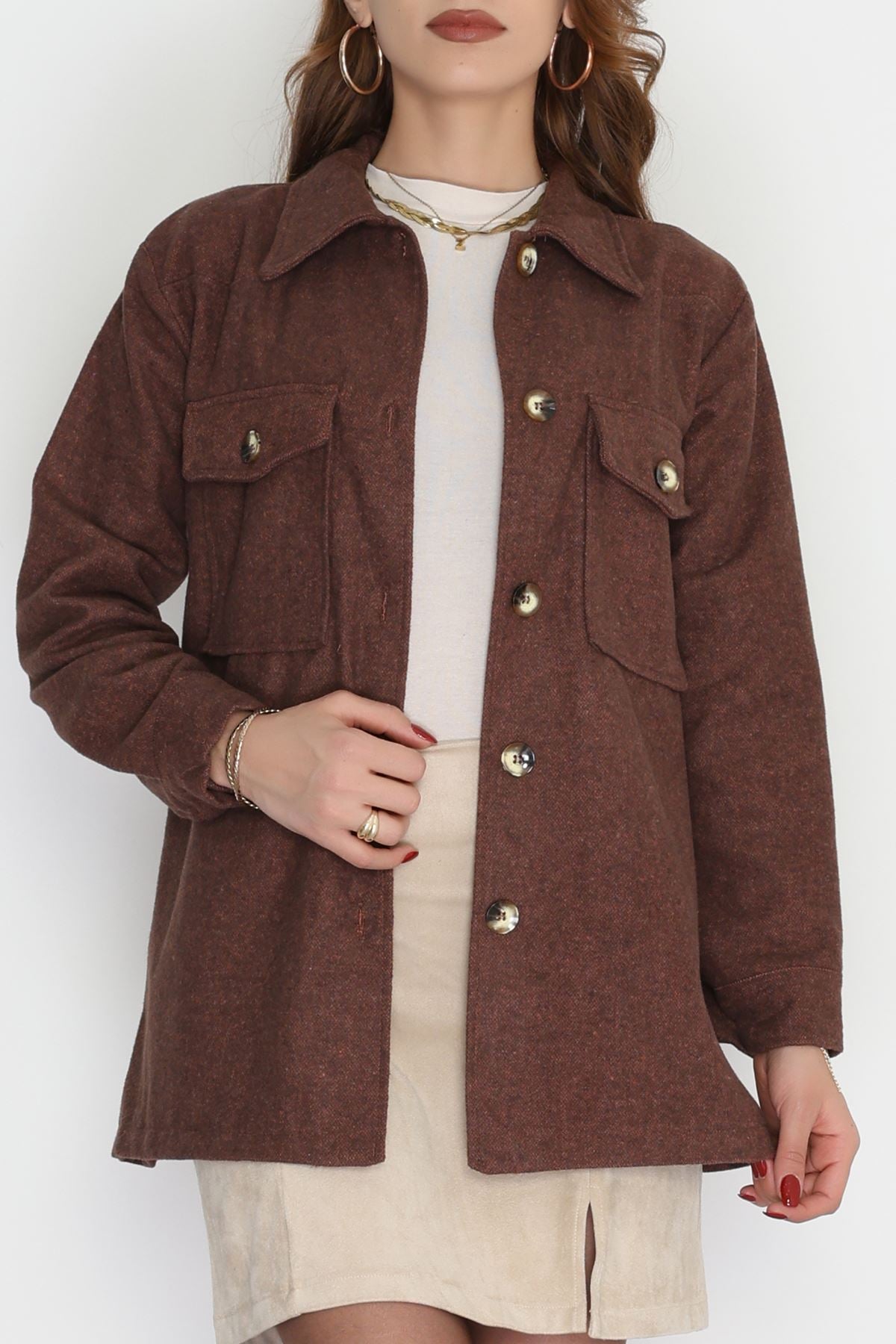 Çift Cepli Kuşaklı Tunik Gömlek Kahve - 70991.1775.