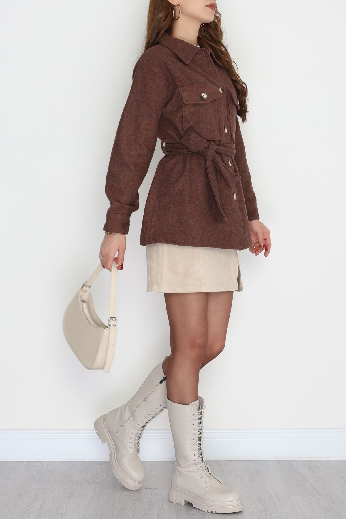 Çift Cepli Kuşaklı Tunik Gömlek Kahve - 70991.1775.