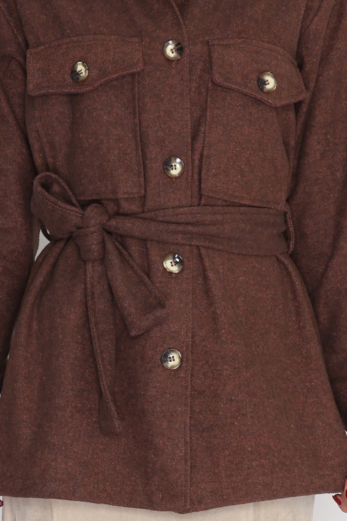 Çift Cepli Kuşaklı Tunik Gömlek Kahve - 70991.1775.