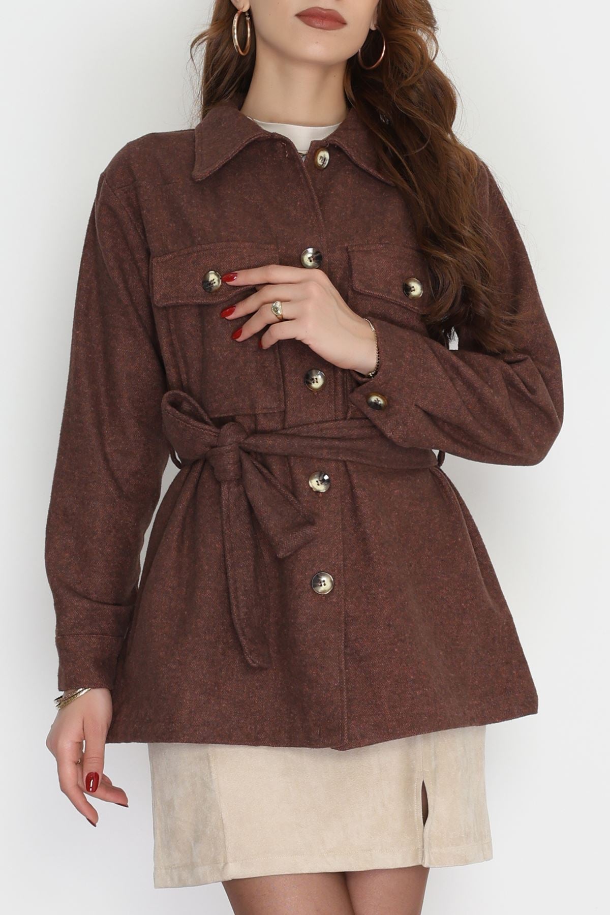 Çift Cepli Kuşaklı Tunik Gömlek Kahve - 70991.1775.