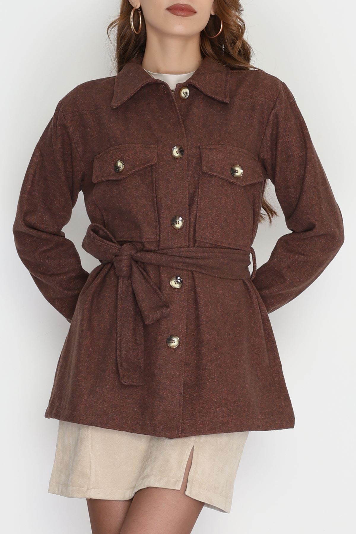 Çift Cepli Kuşaklı Tunik Gömlek Kahve - 70991.1775.