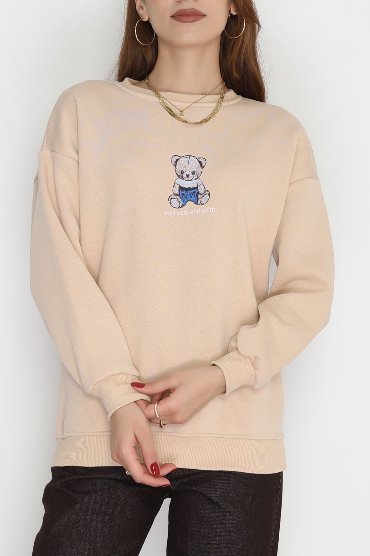 3 İplik Bisiklet Yaka Sweat Bej - 42237.1878.