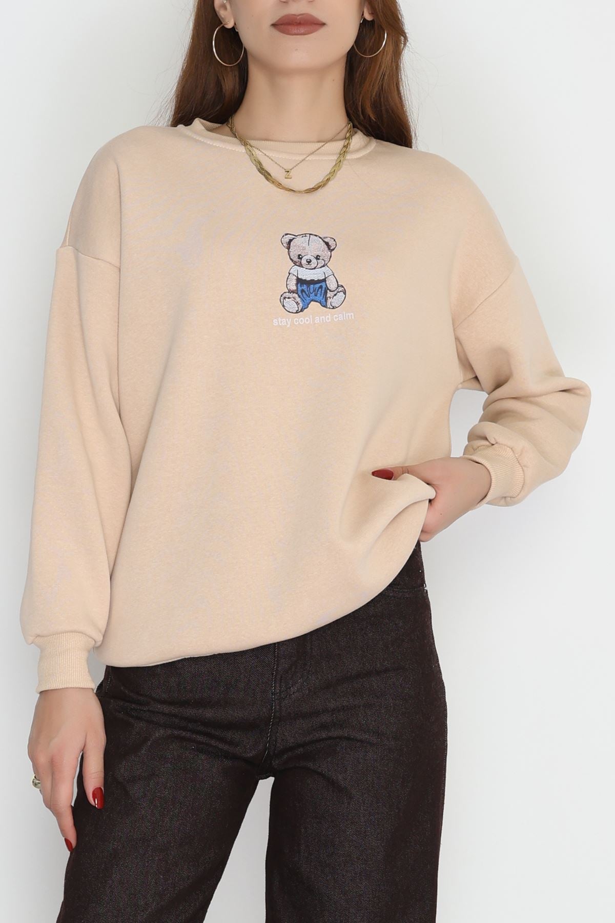 3 İplik Bisiklet Yaka Sweat Bej - 42237.1878.