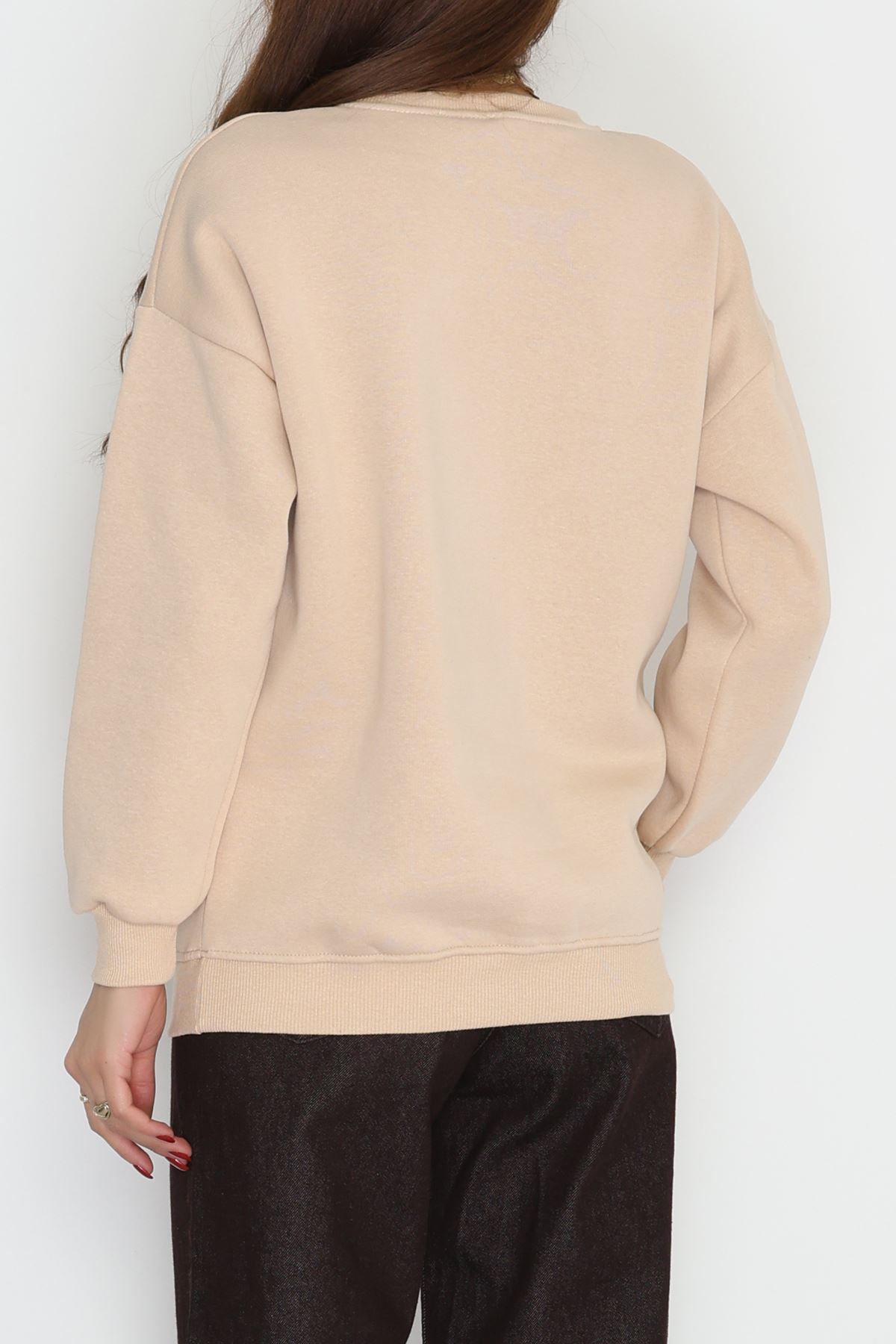3 İplik Bisiklet Yaka Sweat Bej - 42237.1878.