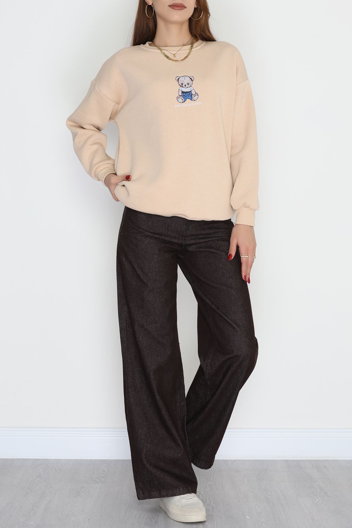 3 İplik Bisiklet Yaka Sweat Bej - 42237.1878.