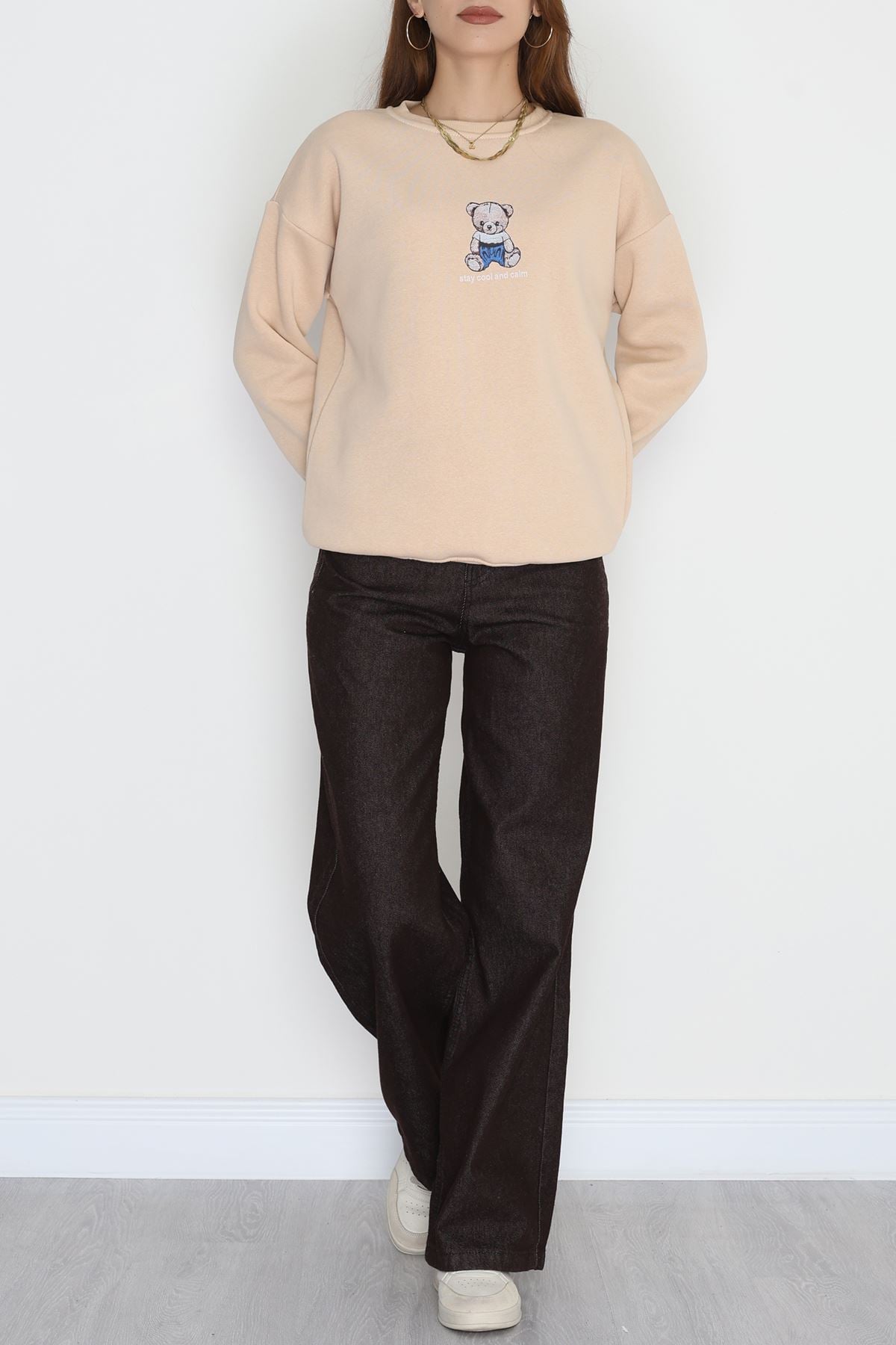 3 İplik Bisiklet Yaka Sweat Bej - 42237.1878.